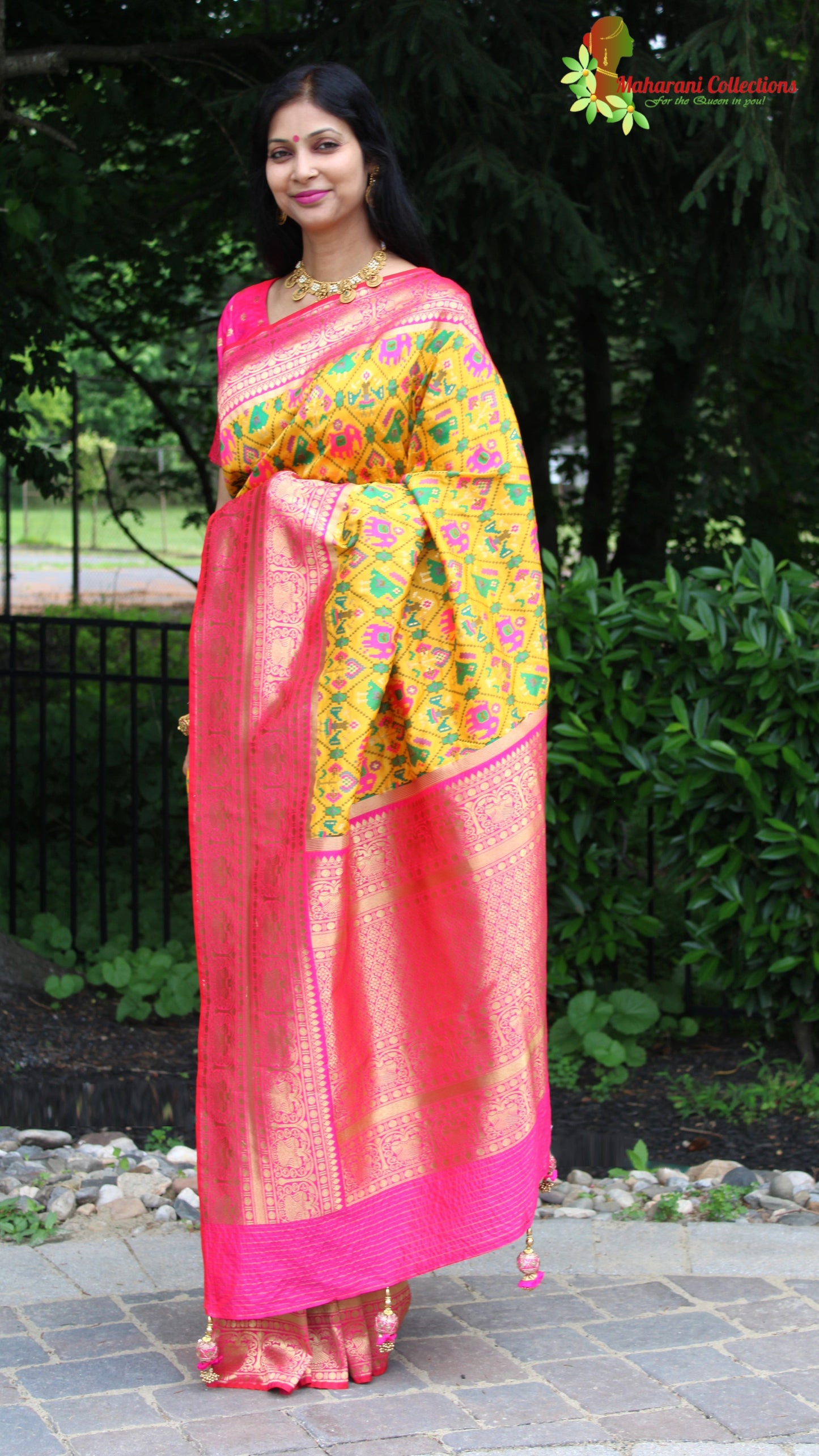 Maharani's Pure Banarasi Ikkat Patola Silk Saree - Mustard Yellow (with Stitched Blouse and Petticoat)