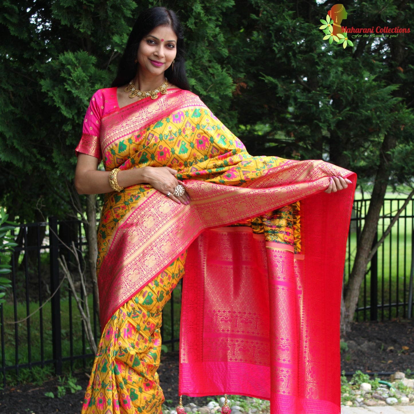 Maharani's Pure Banarasi Ikkat Patola Silk Saree - Mustard Yellow (with Stitched Blouse and Petticoat)