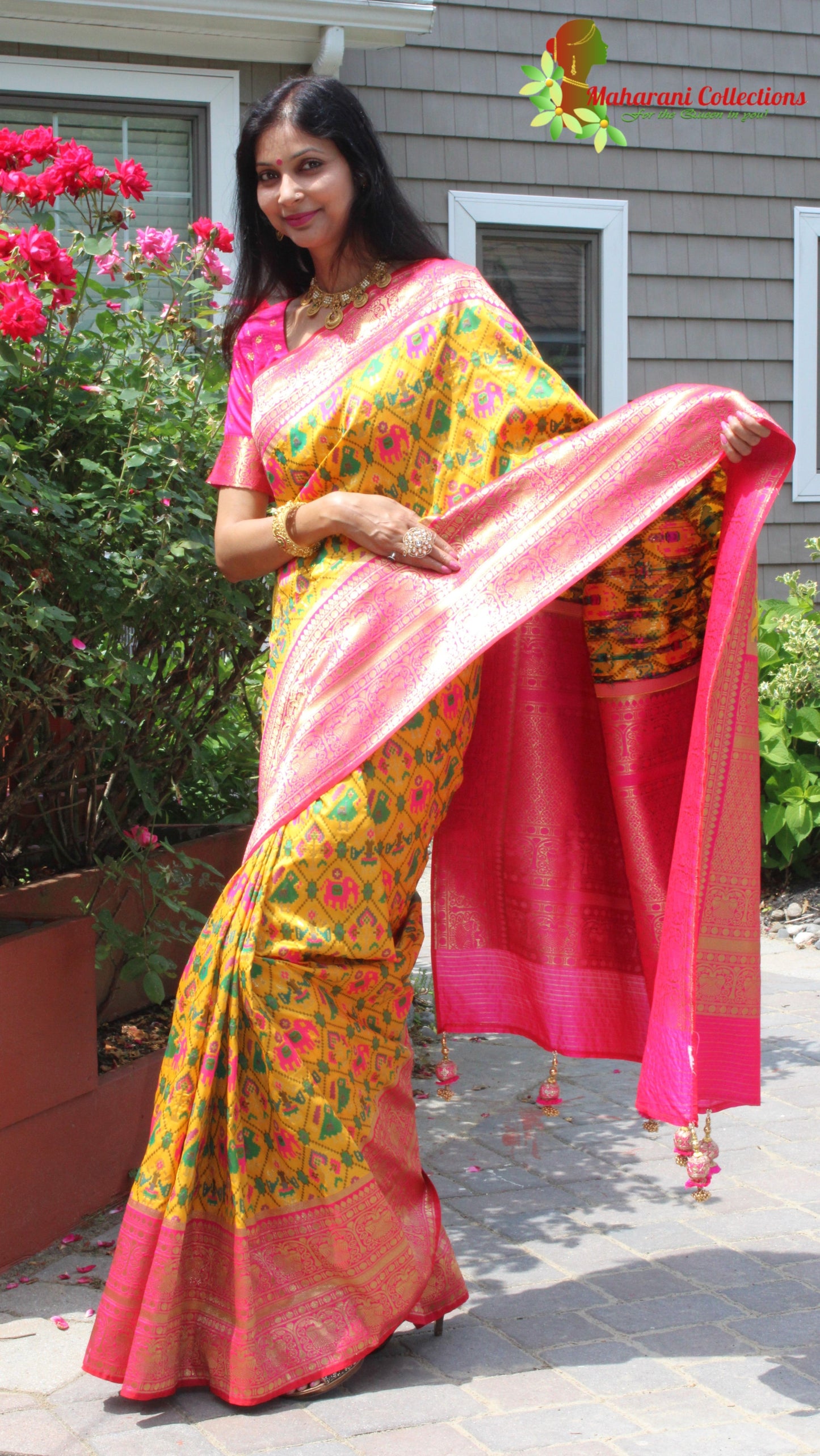 Maharani's Pure Banarasi Ikkat Patola Silk Saree - Mustard Yellow (with Stitched Blouse and Petticoat)