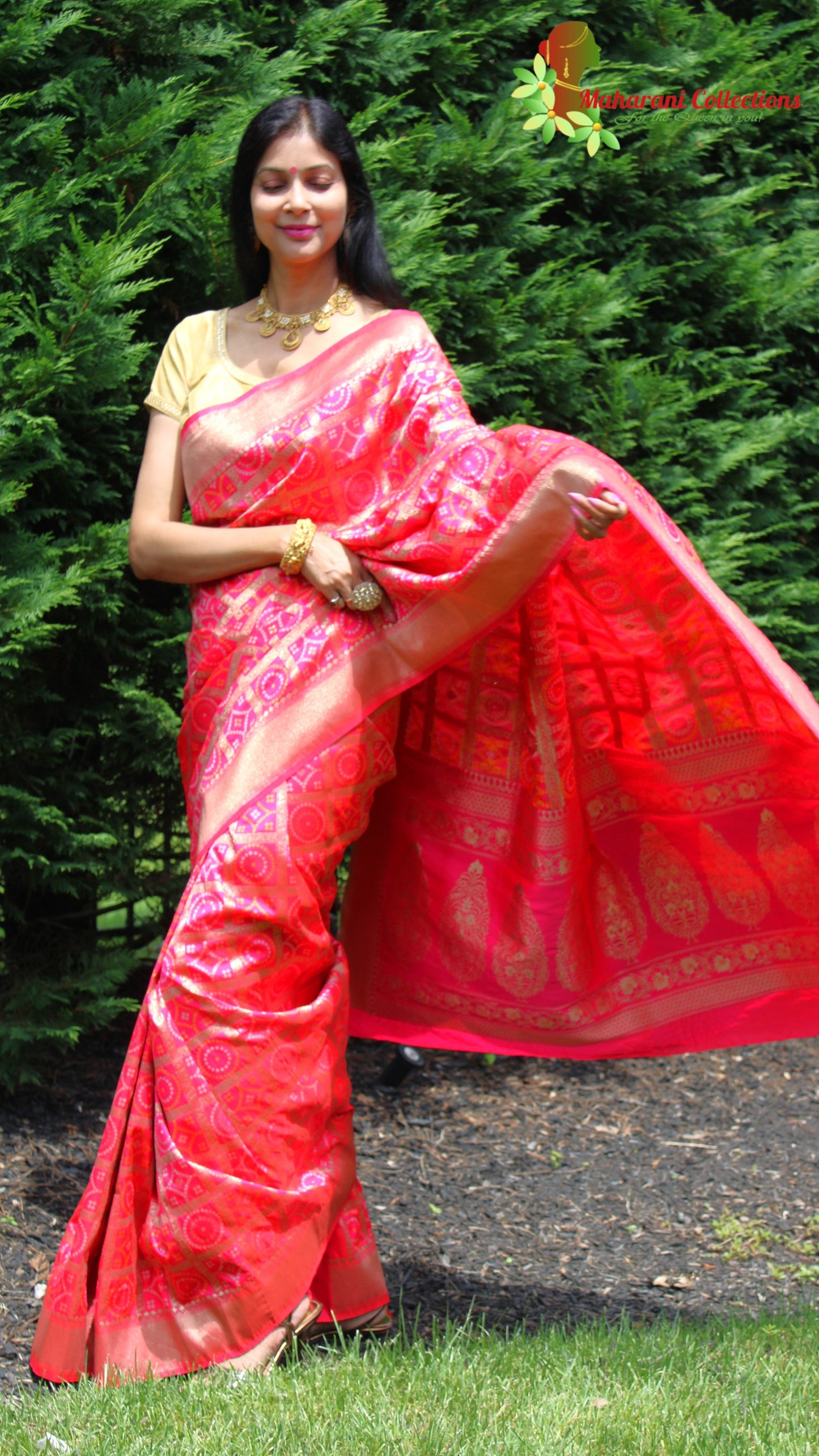 Maharani's Pure Banarasi Ikkat Patola Silk Saree - Pink (with Stitched Blouse and Petticoat)
