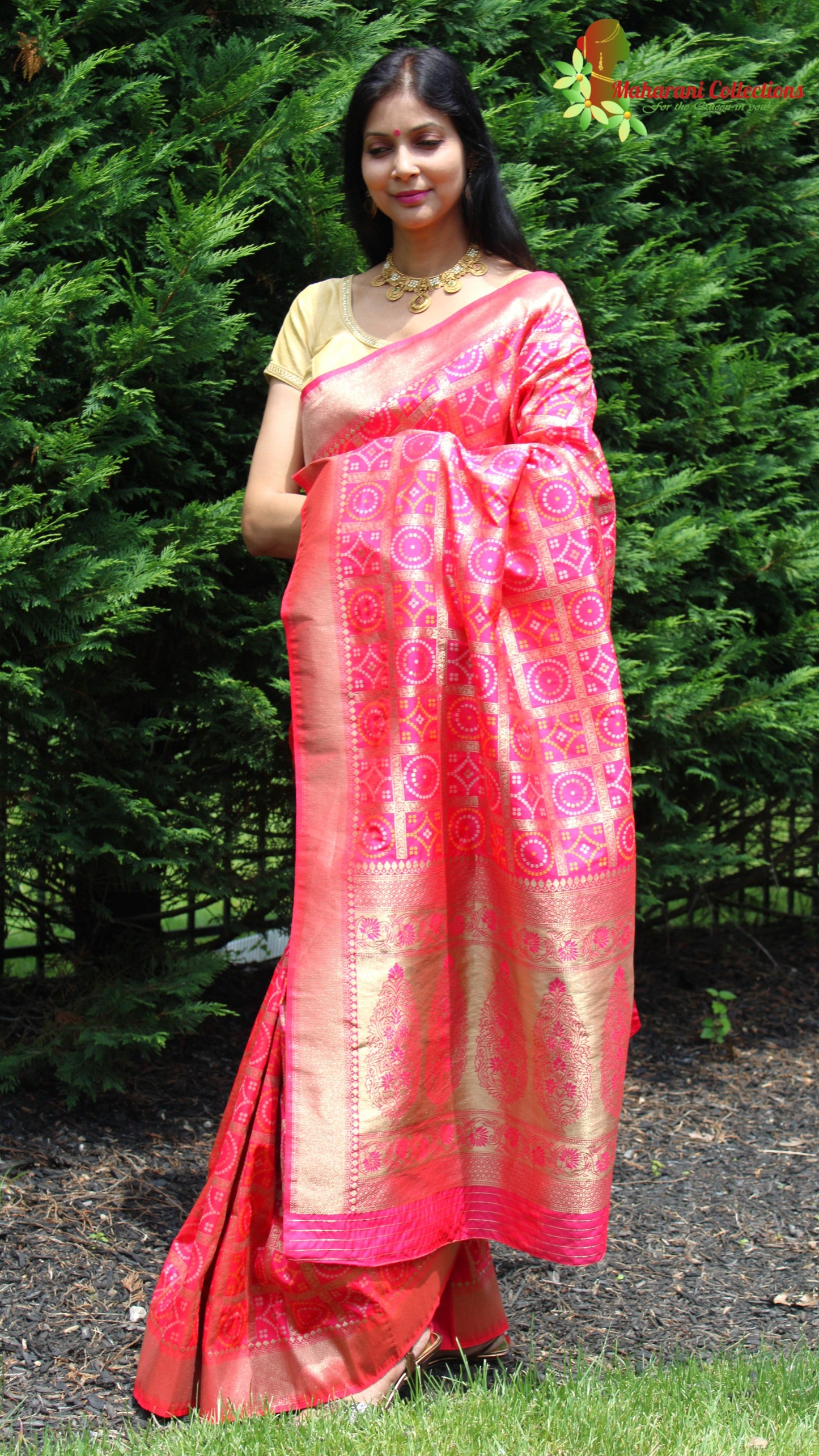 Maharani's Pure Banarasi Ikkat Patola Silk Saree - Pink (with Stitched Blouse and Petticoat)