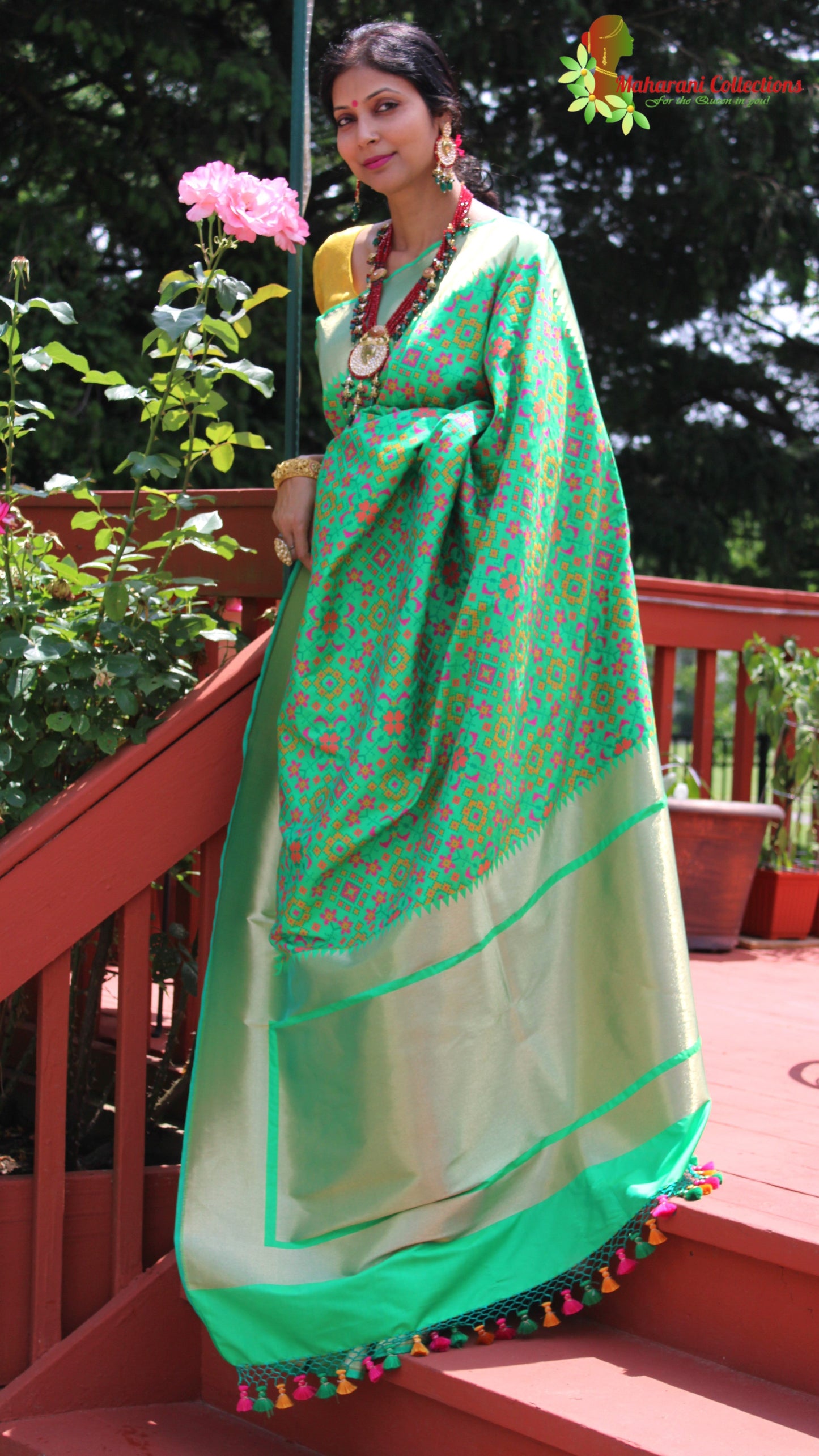 Maharani's Pure Banarasi Ikkat Patola Silk Saree - Green (with Stitched Blouse and Petticoat)