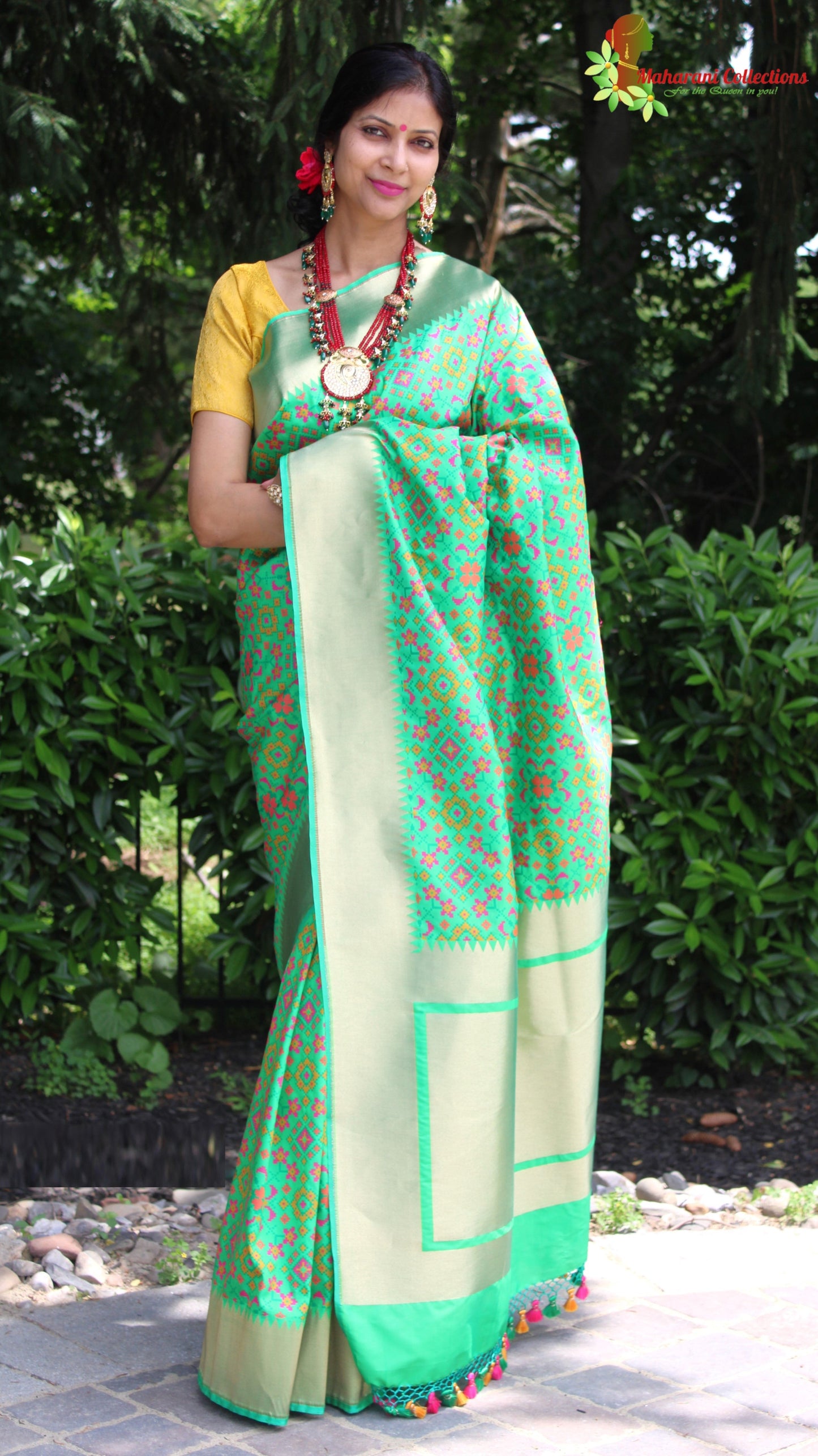 Maharani's Pure Banarasi Ikkat Patola Silk Saree - Green (with Stitched Blouse and Petticoat)