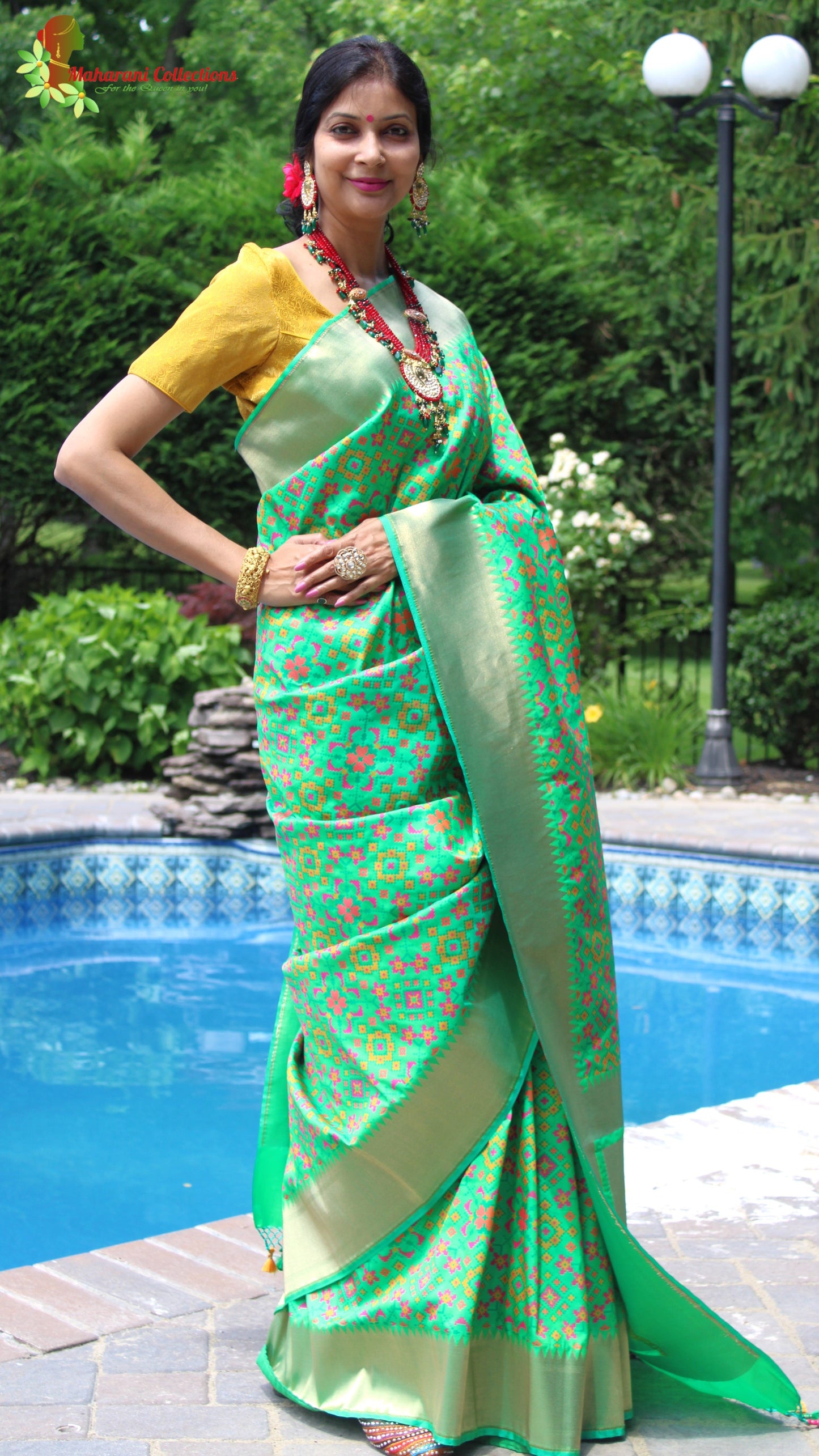 Maharani's Pure Banarasi Ikkat Patola Silk Saree - Green (with Stitched Blouse and Petticoat)