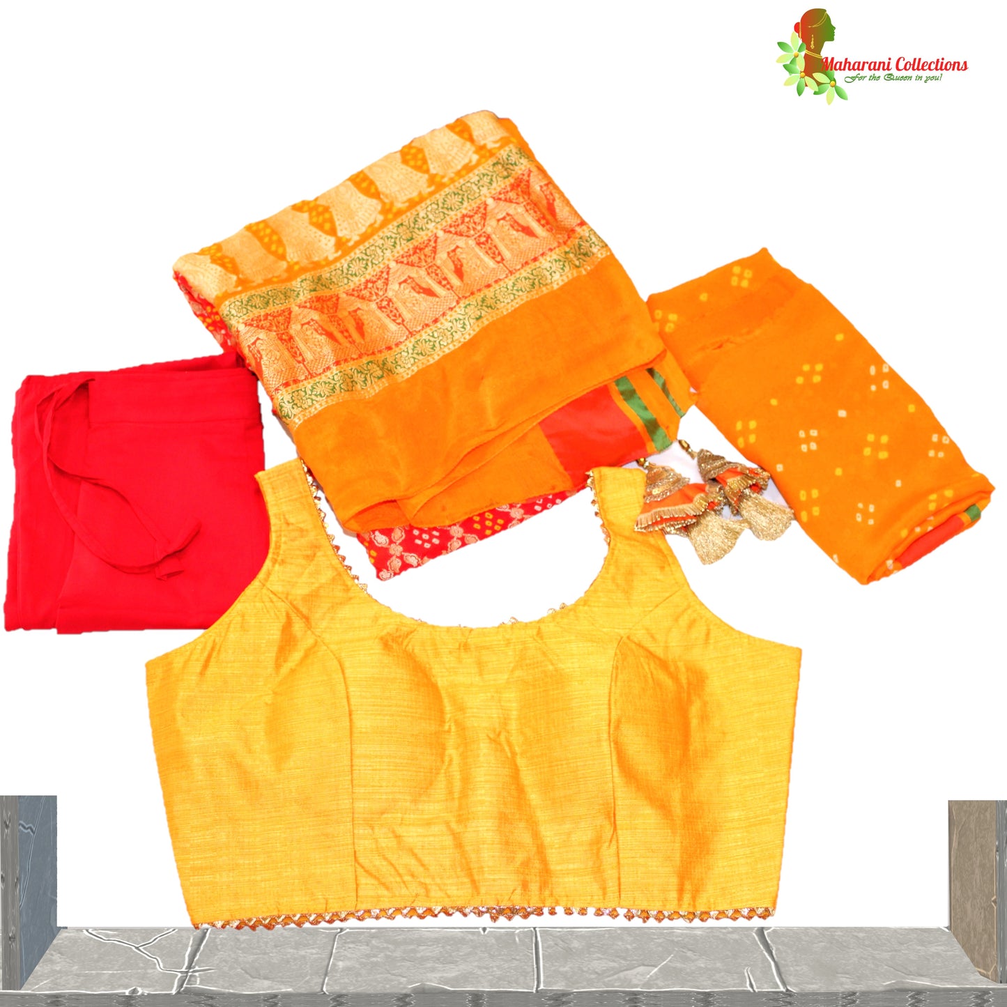Maharani's Pure Handloom Banarasi Bandhej Saree - Red and Orange (with Stitched Blouse & Petticoat)