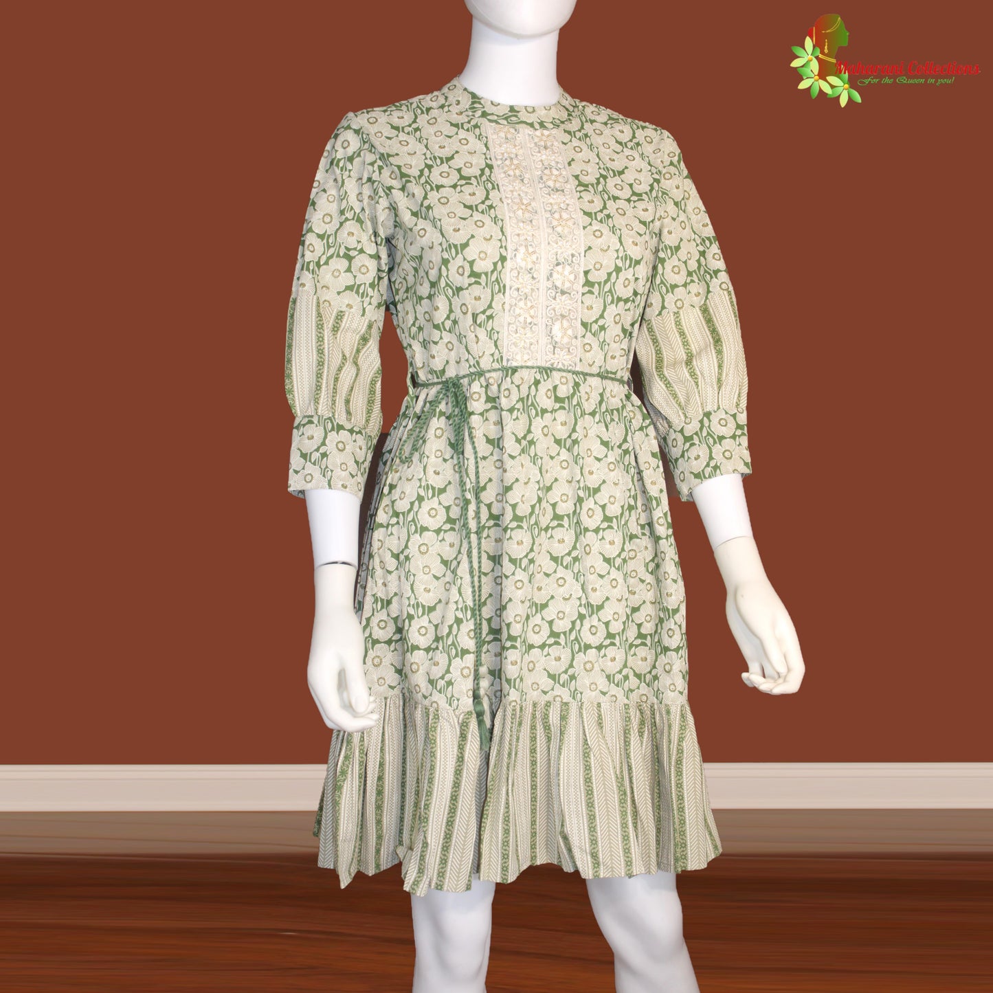 Maharani's Short Dress - Pure Cotton - Green and Cream (S, M, L, XL)