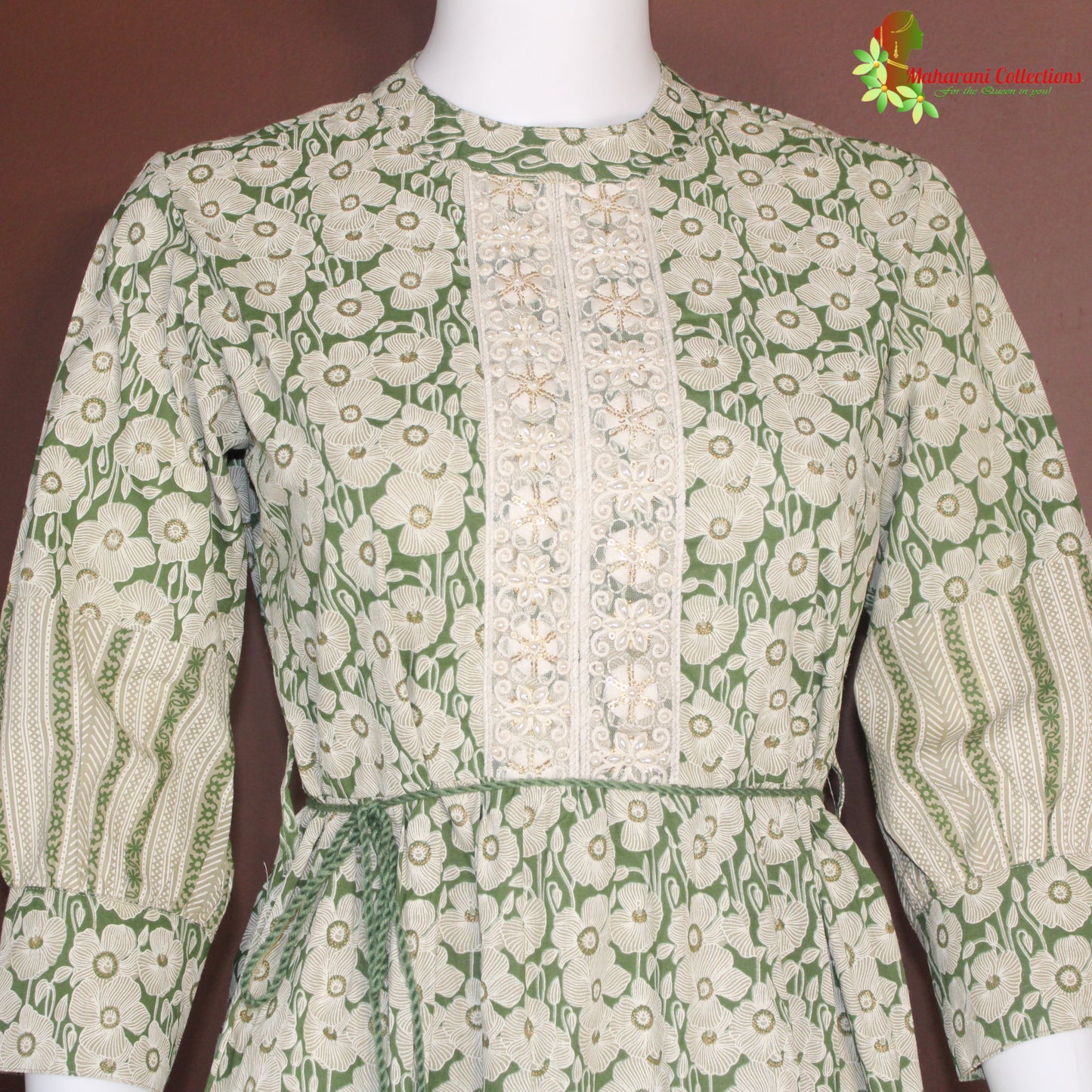 Maharani's Short Dress - Pure Cotton - Green and Cream (S, M, L, XL)