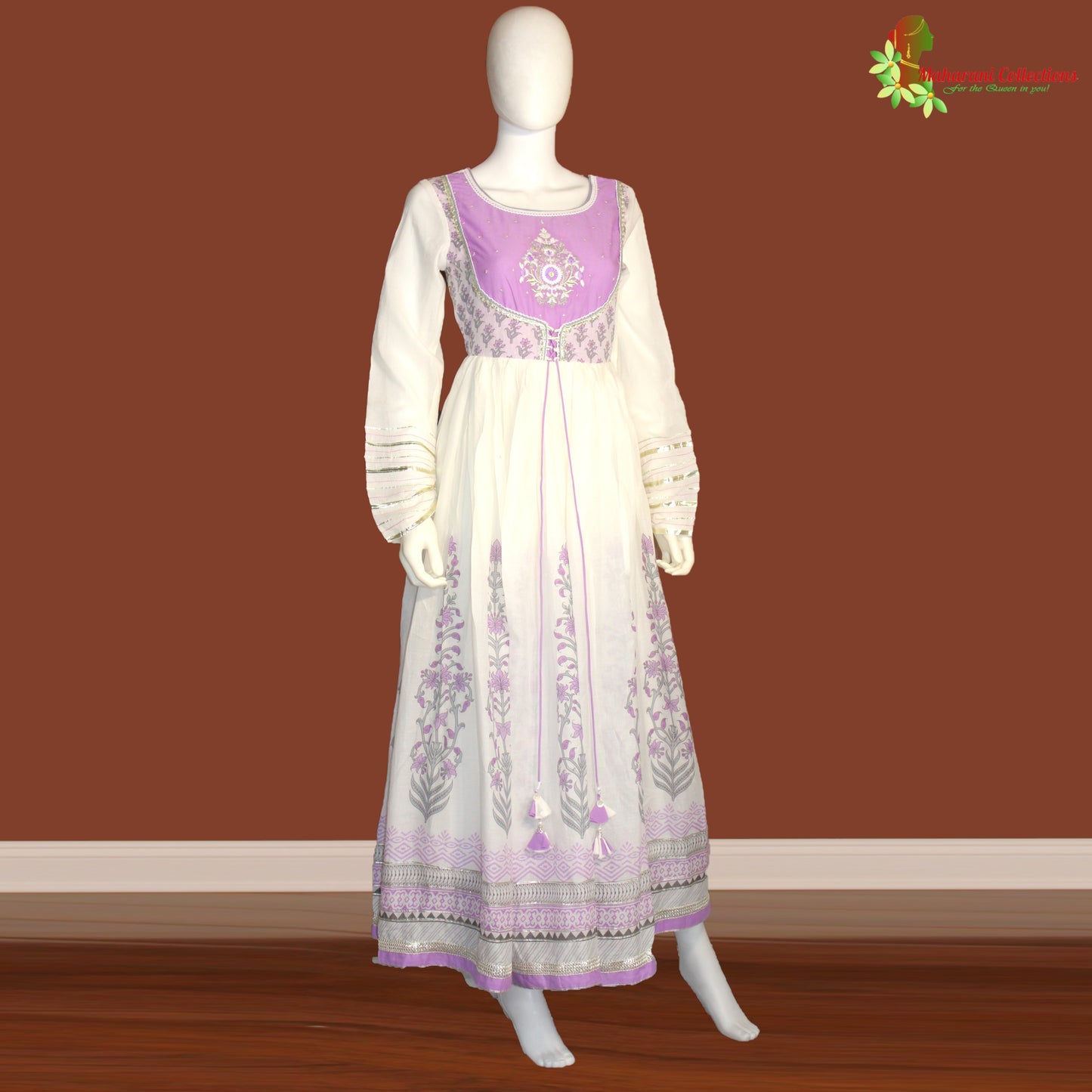 Maharani's Anarkali Suit - Soft Cotton - Purple and White (S, XL)