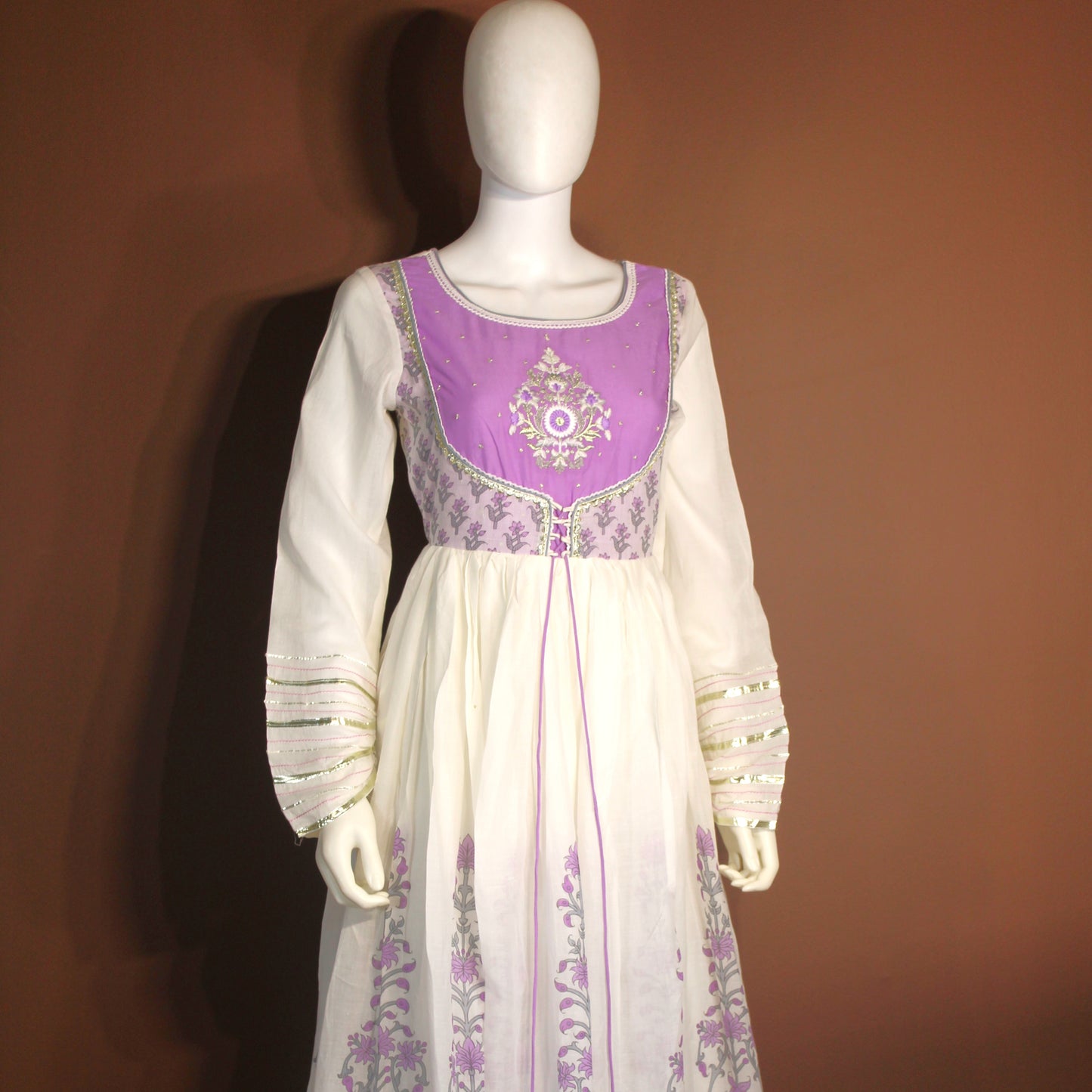 Maharani's Anarkali Suit - Soft Cotton - Purple and White (S, XL)