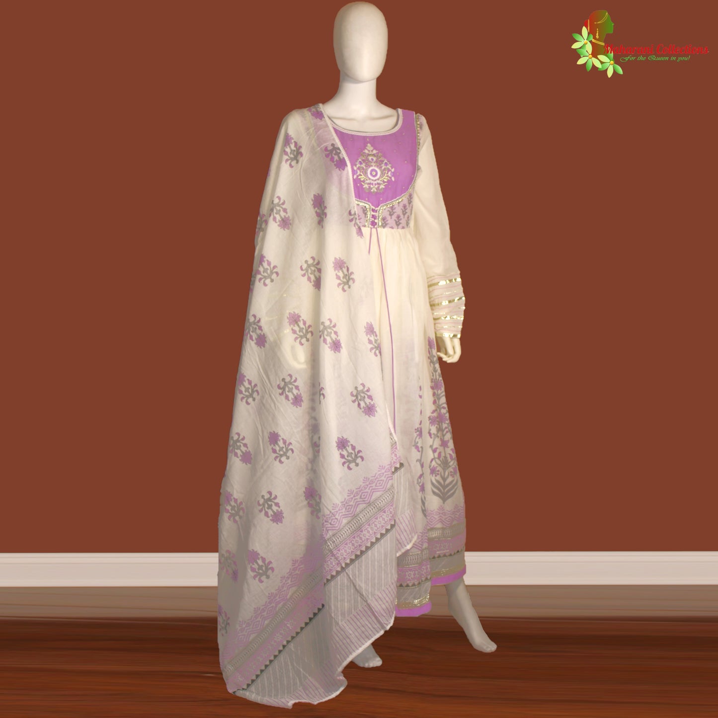 Maharani's Anarkali Suit - Soft Cotton - Purple and White (S, XL)
