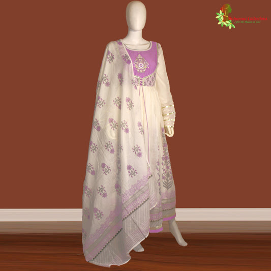 Maharani's Anarkali Suit - Soft Cotton - Purple and White (S, XL)