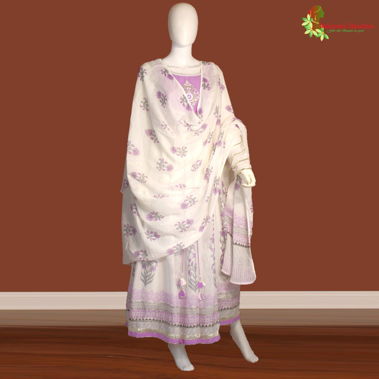 Maharani's Anarkali Suit - Soft Cotton - Purple and White (S, XL)