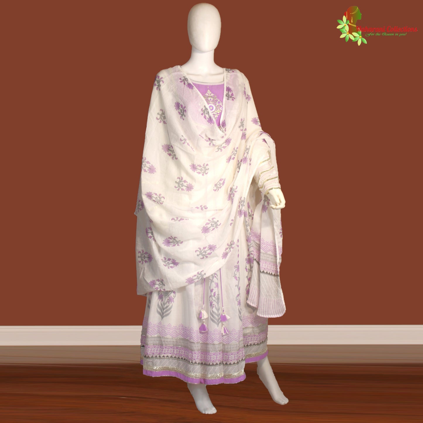Maharani's Anarkali Suit - Soft Cotton - Purple and White (S, XL)