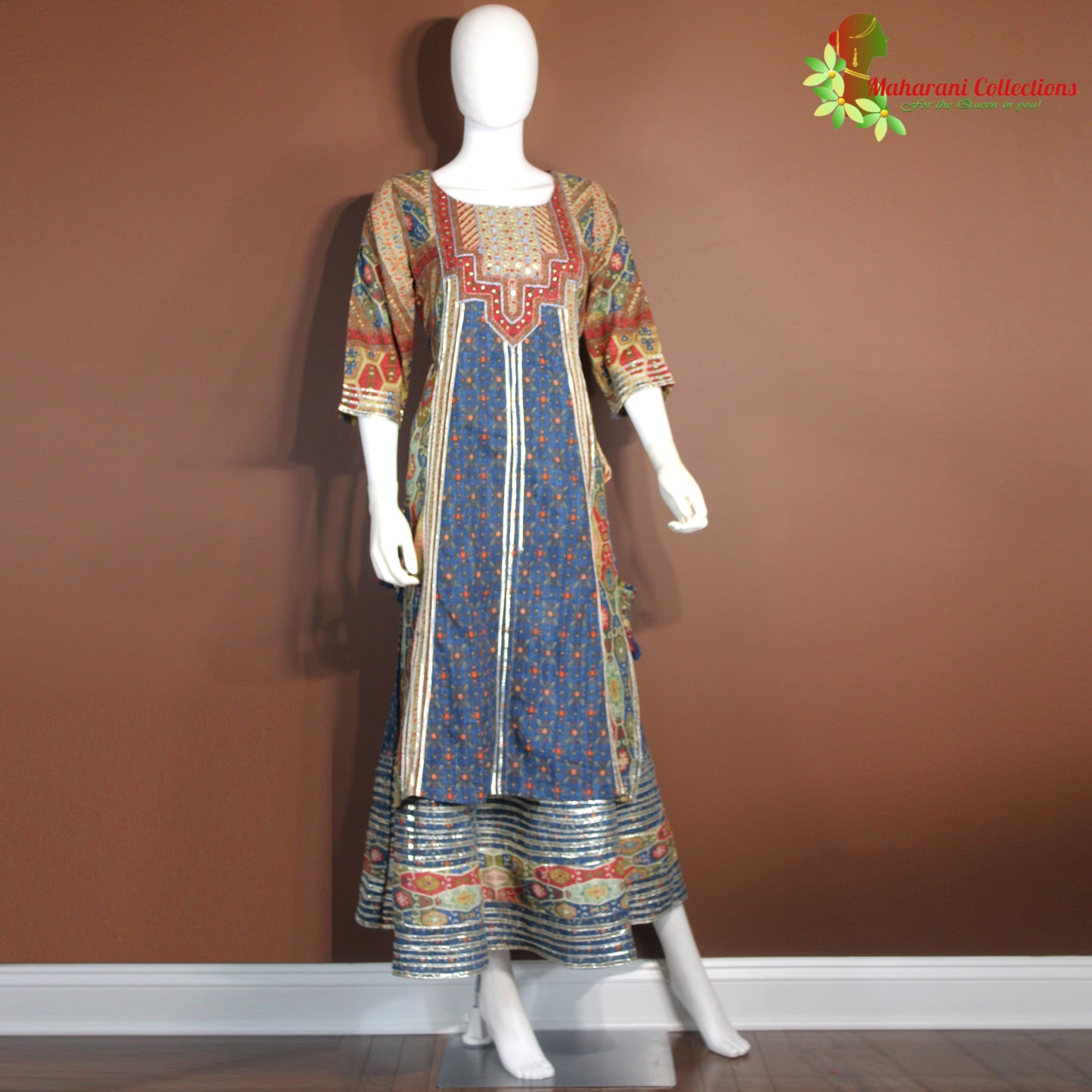 Maharani's Long Dress - Pure Cotton - Blue Multicolor (M, L)