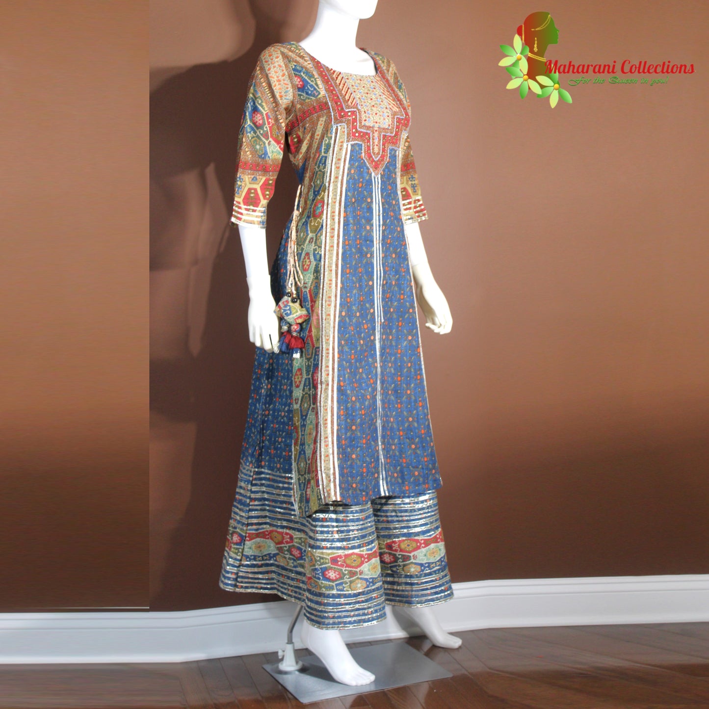 Maharani's Long Dress - Pure Cotton - Blue Multicolor (M, L)