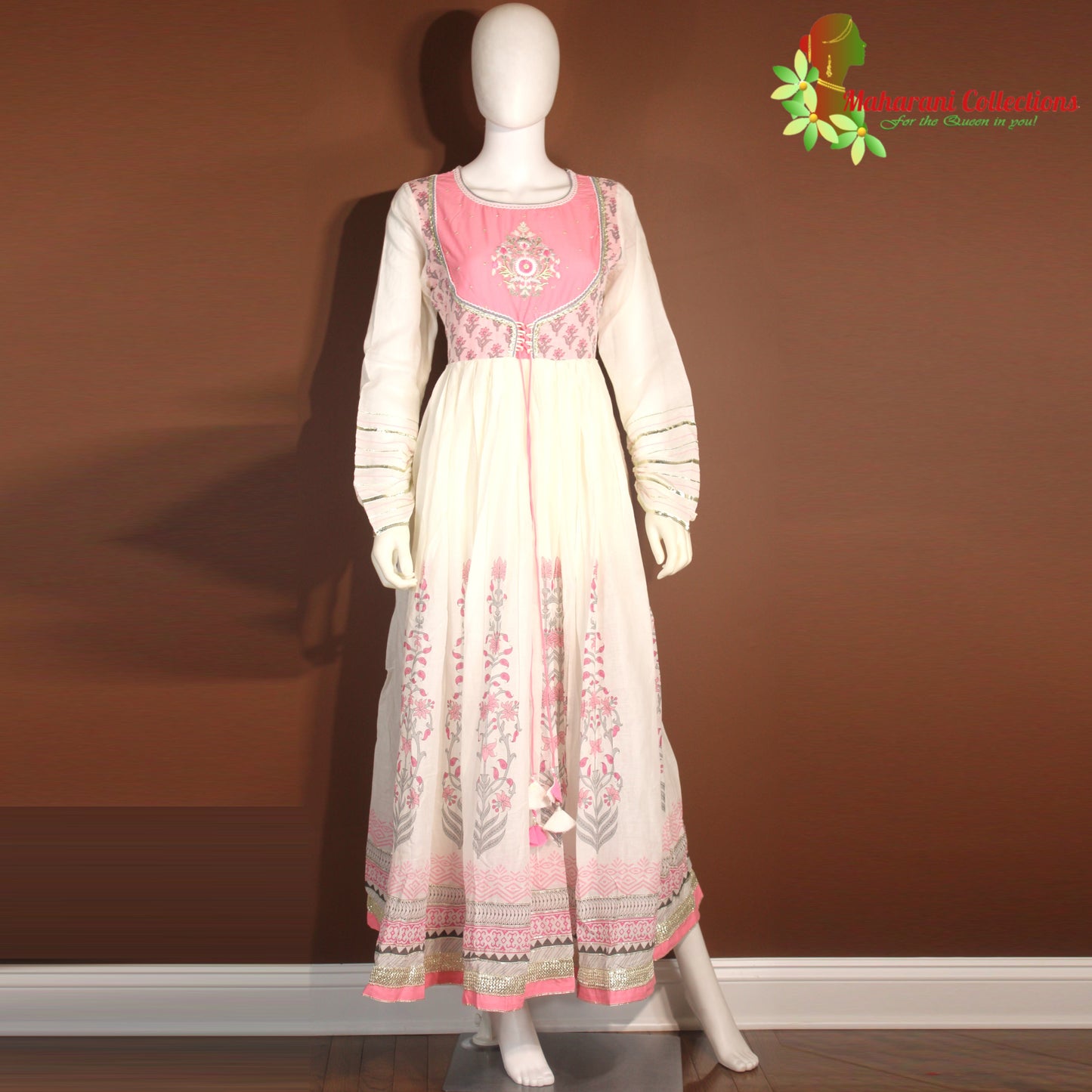 Maharani's Anarkali Suit - Soft Cotton - Pink and White (S, M, XL)