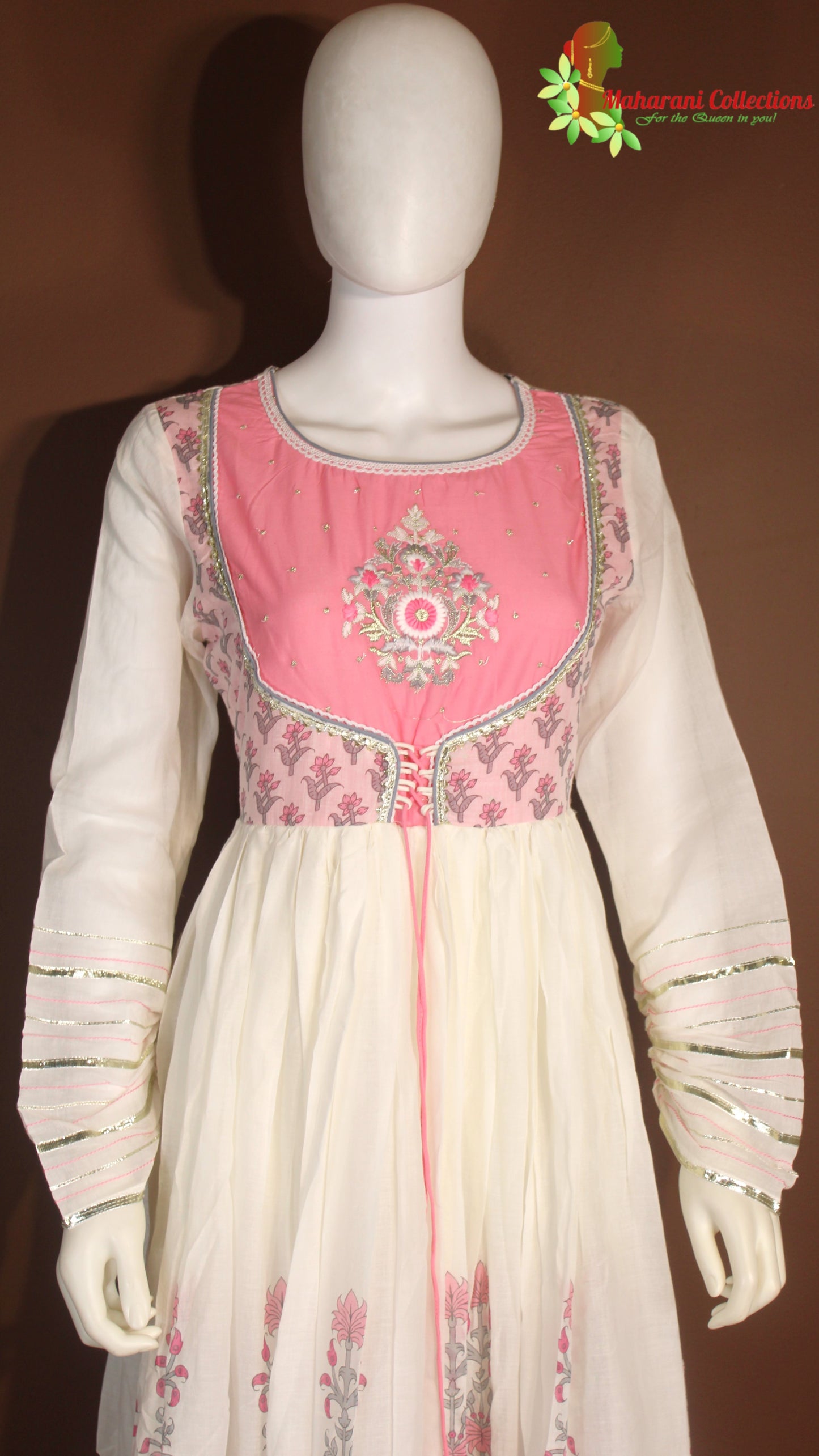 Maharani's Anarkali Suit - Soft Cotton - Pink and White (S, M, XL)