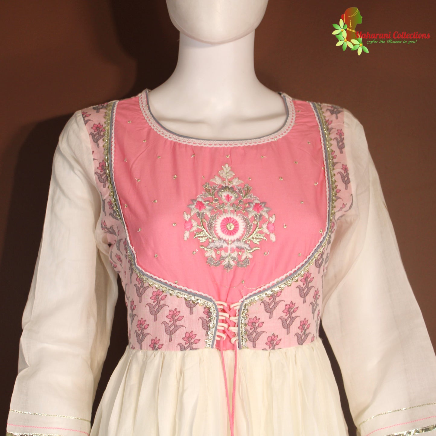 Maharani's Anarkali Suit - Soft Cotton - Pink and White (S, M, XL)