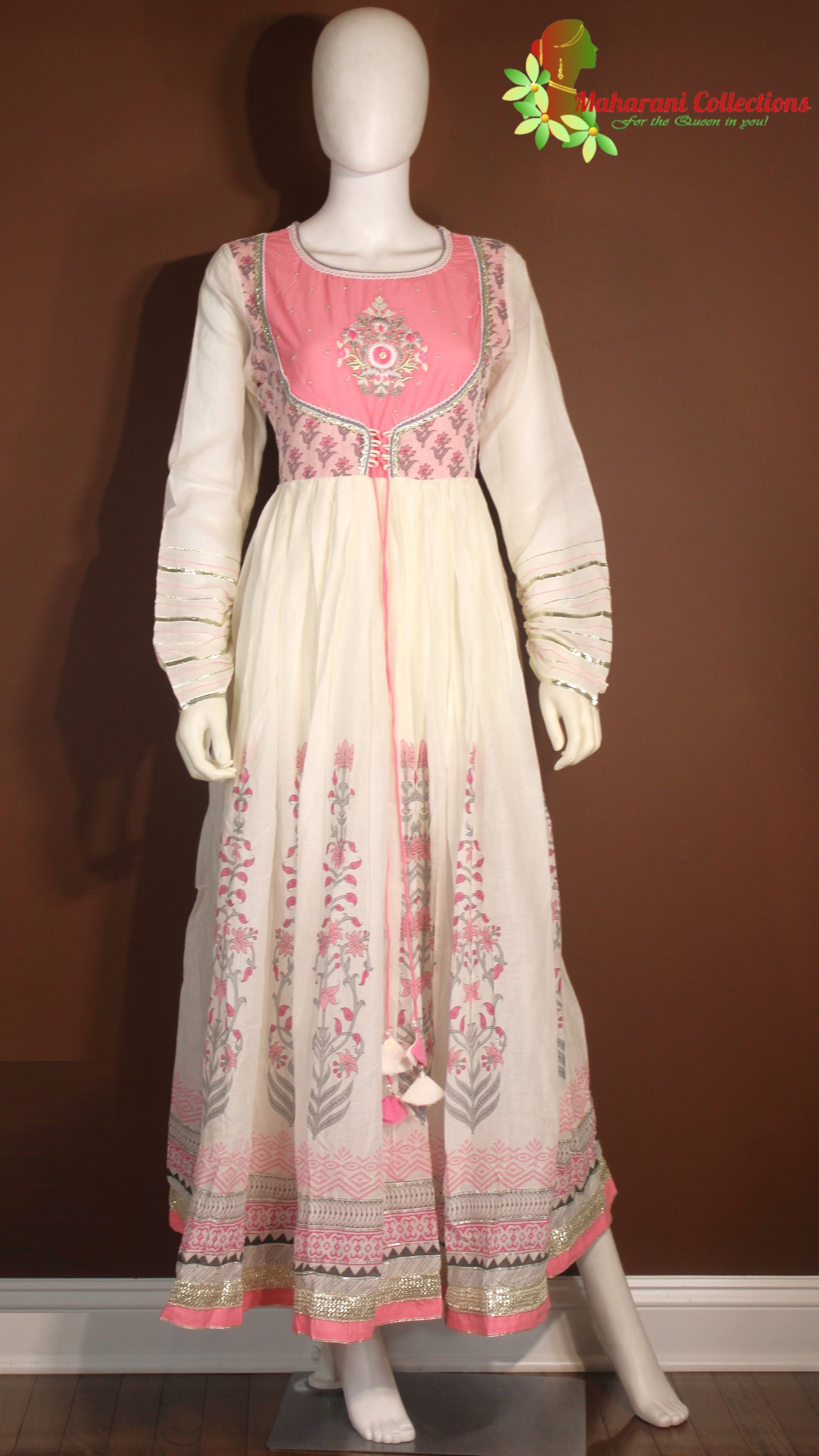 Maharani's Anarkali Suit - Soft Cotton - Pink and White (S, M, XL)