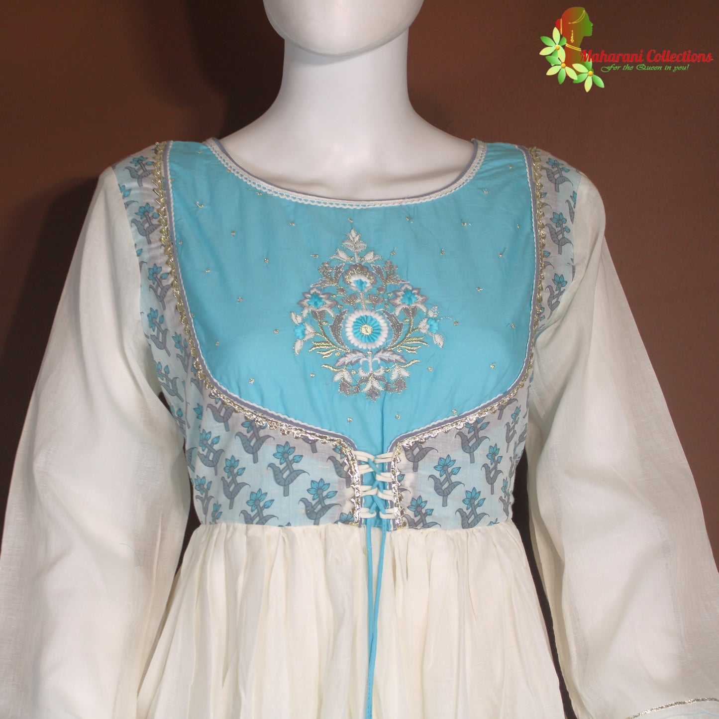 Maharani's Anarkali Suit - Soft Cotton - Sky Blue and White (S, M, L)