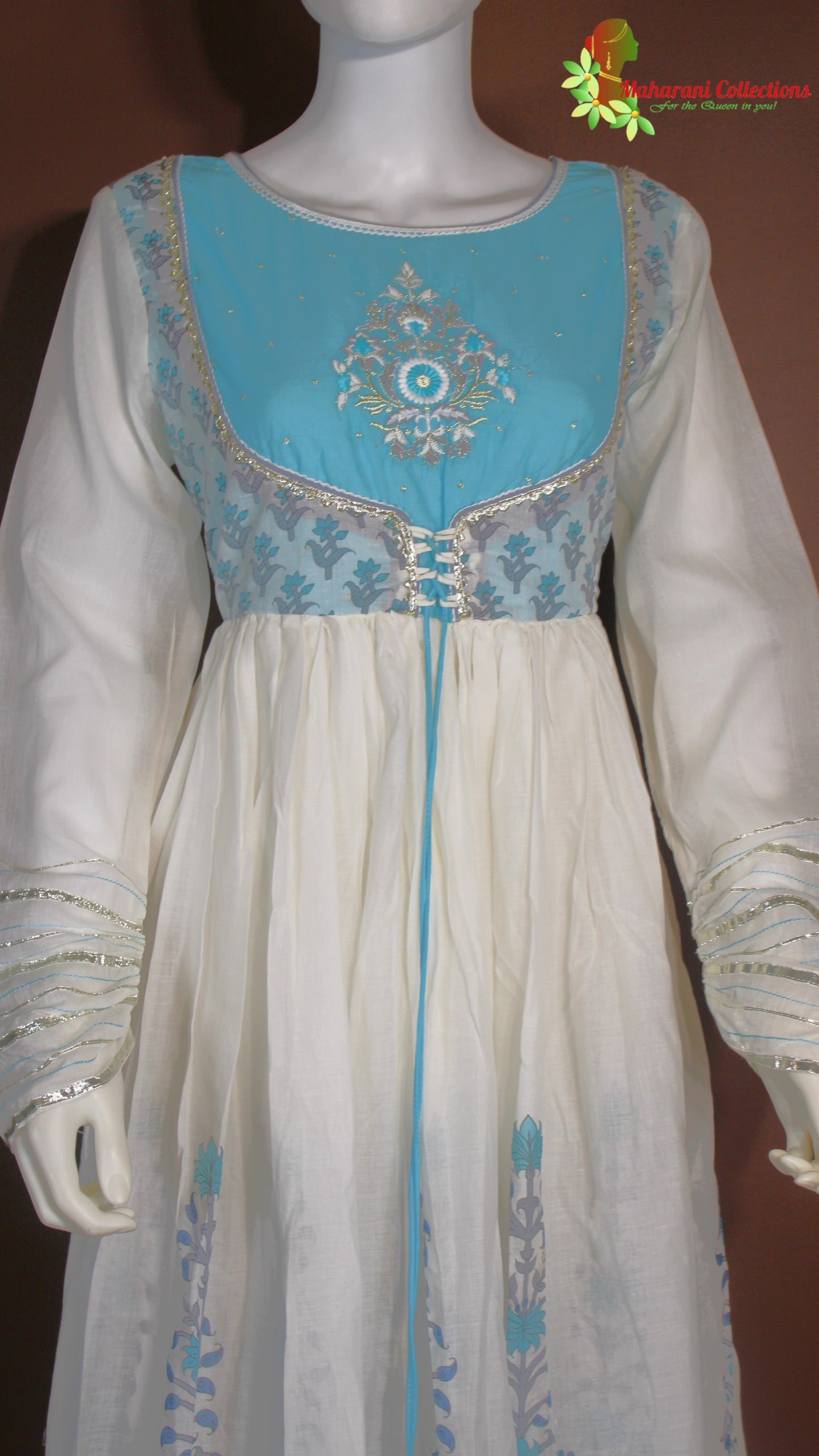 Maharani's Anarkali Suit - Soft Cotton - Sky Blue and White (S, M, L)