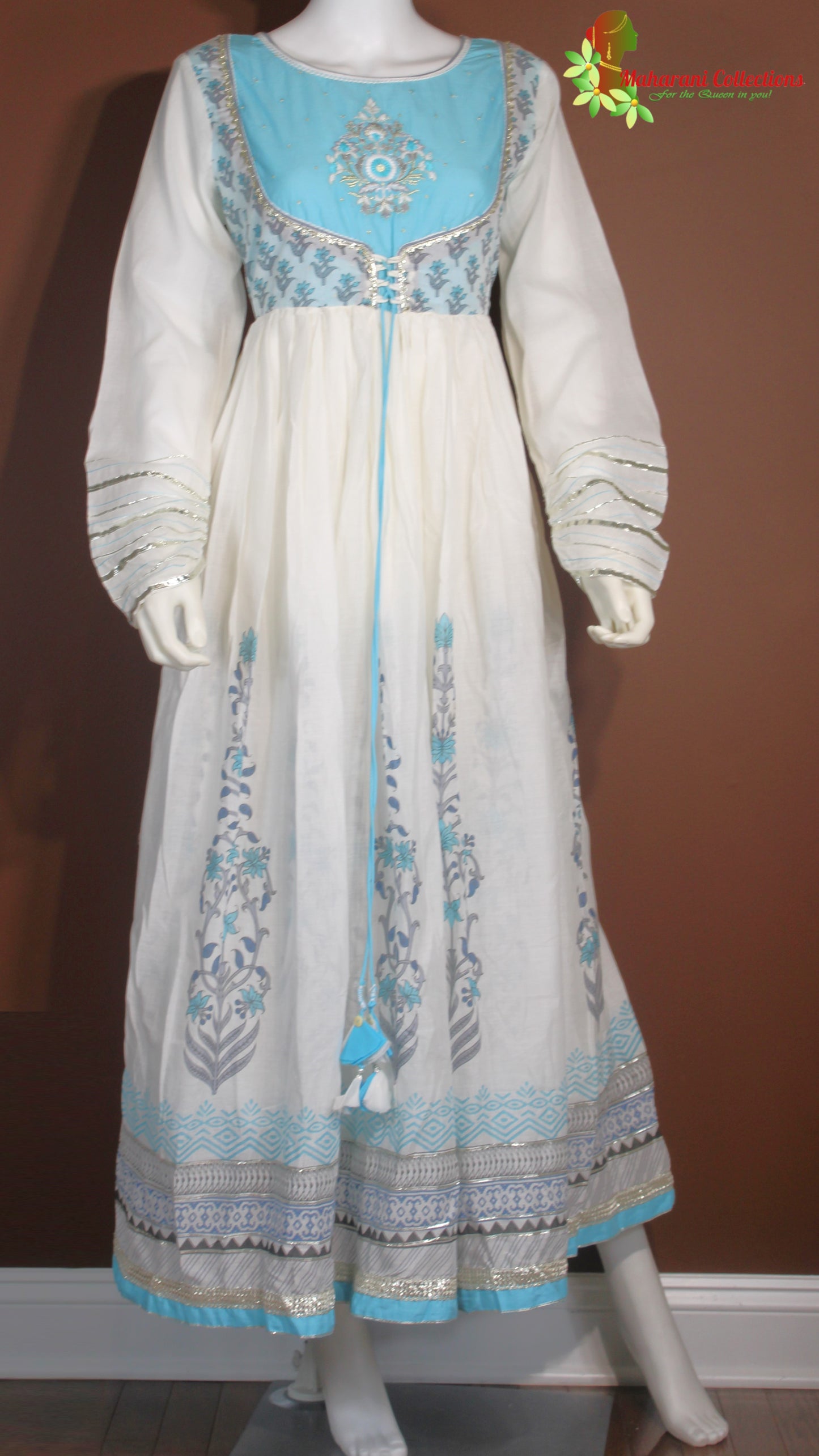 Maharani's Anarkali Suit - Soft Cotton - Sky Blue and White (S, M, L)