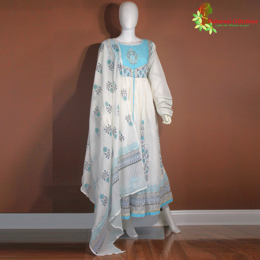 Maharani's Anarkali Suit - Soft Cotton - Sky Blue and White (S, M, L)