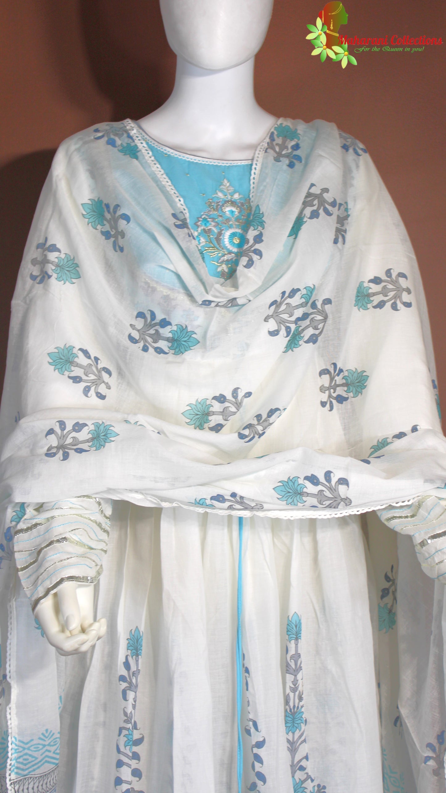 Maharani's Anarkali Suit - Soft Cotton - Sky Blue and White (S, M, L)