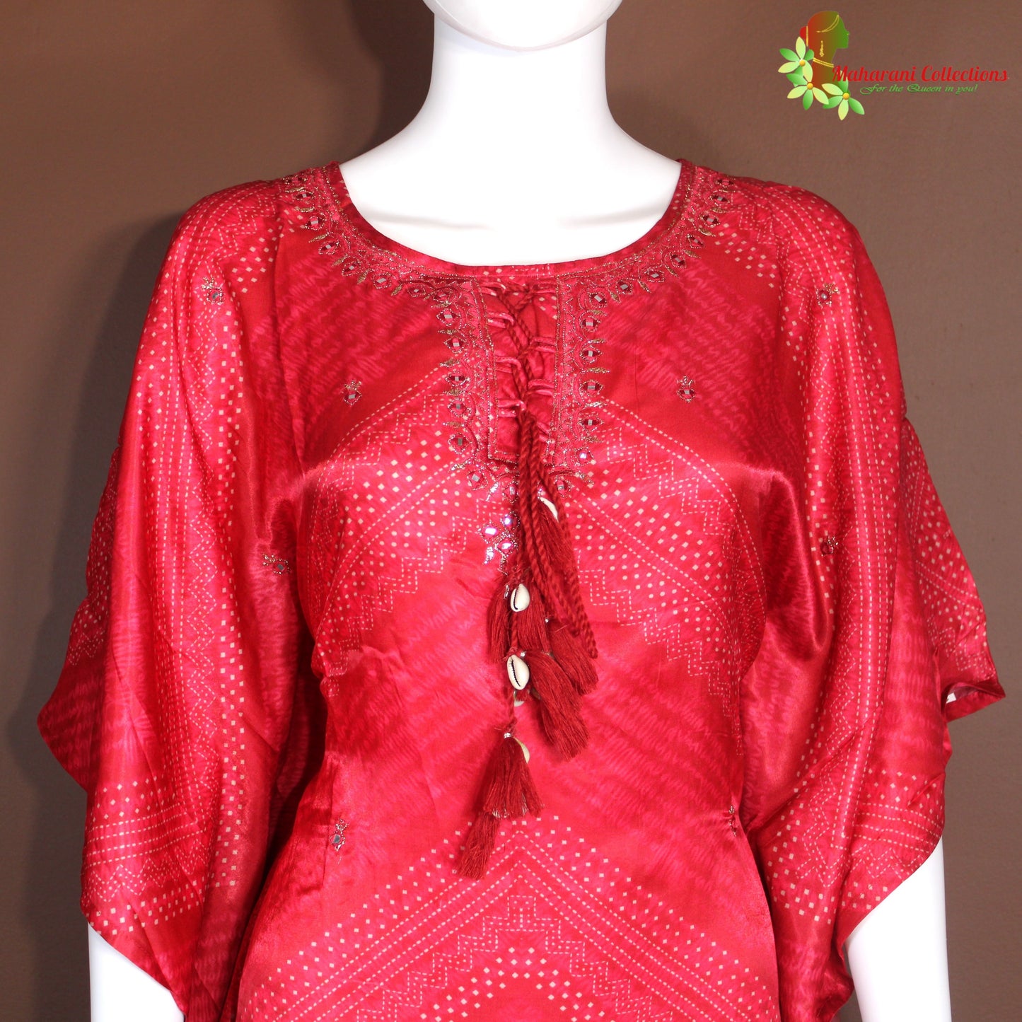 Maharani's Kaftan Suit - Muslin Silk - Red and Green (S, M)