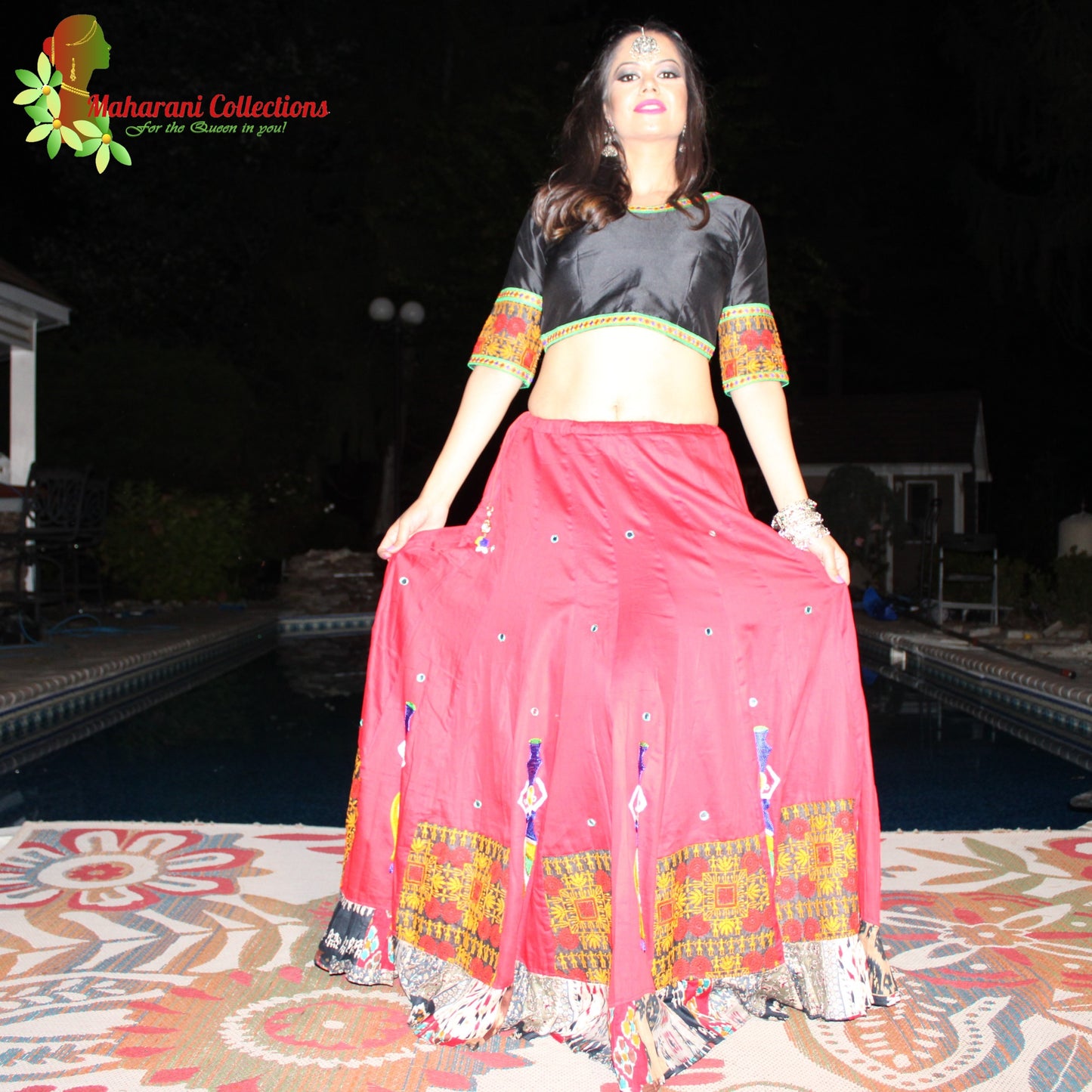 Maharani's Festive Chania Choli with Dupatta - Red/Black(M)