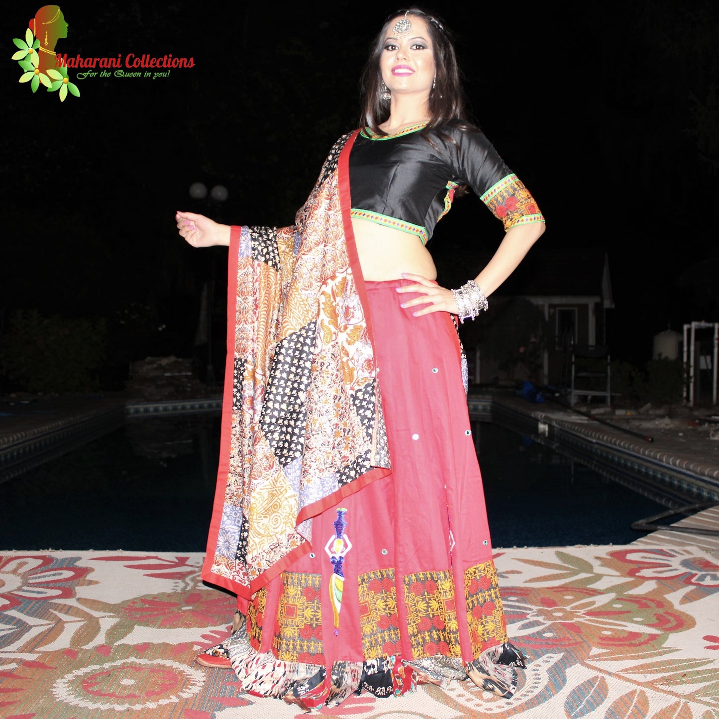 Maharani's Festive Chania Choli with Dupatta - Red/Black(M)