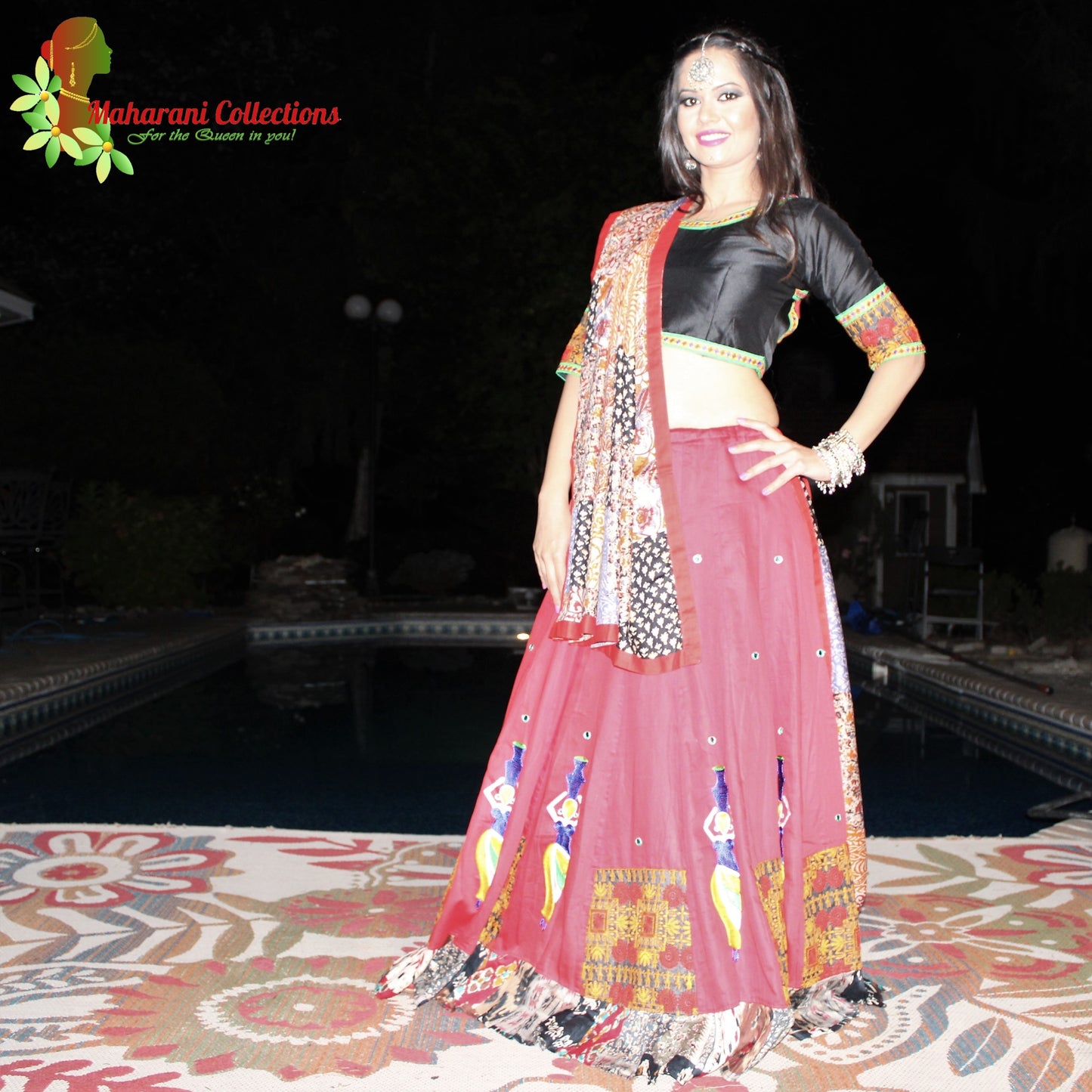 Maharani's Festive Chania Choli with Dupatta - Red/Black(M)
