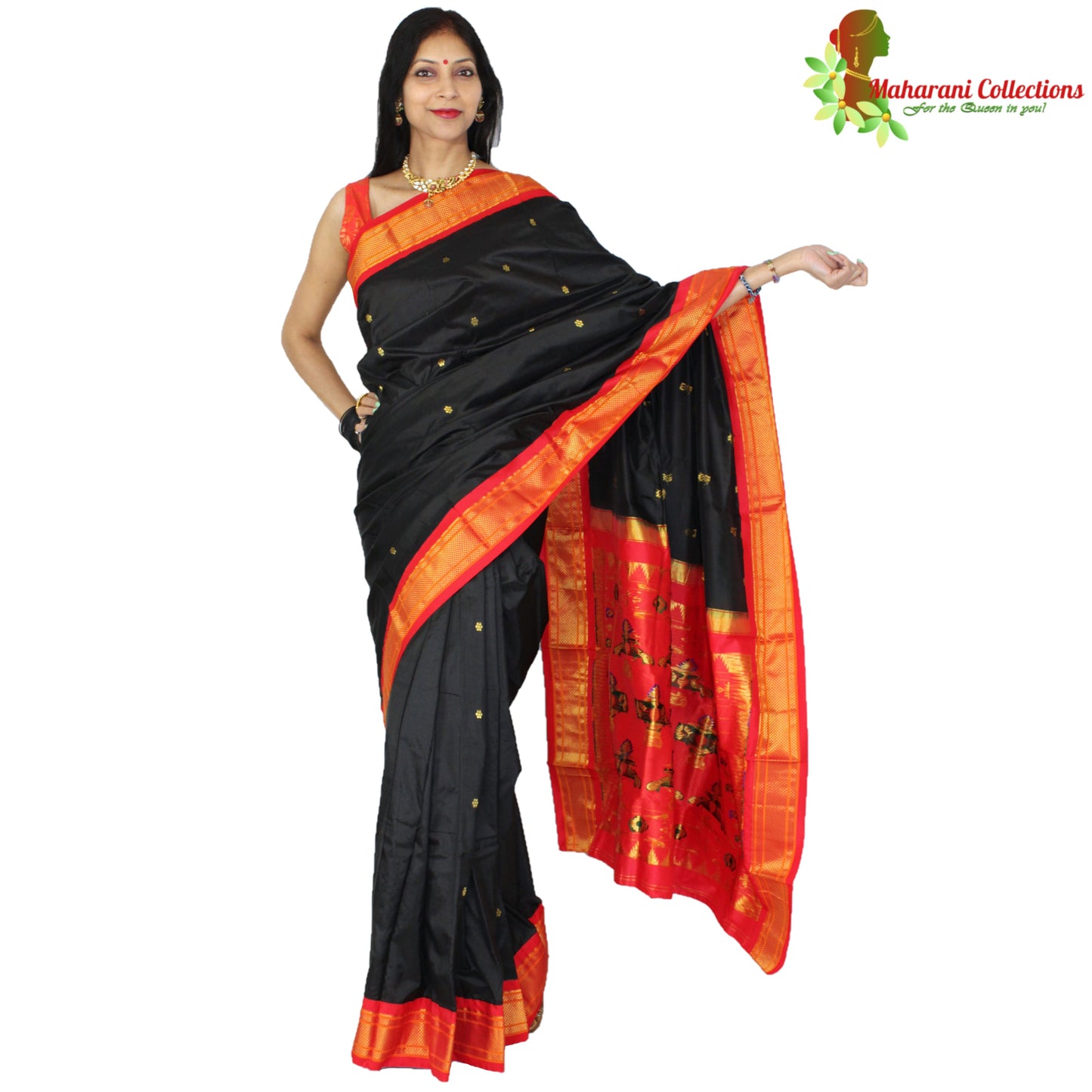 Maharani's Pure Handloom Kanjivaram Silk Saree - Black with Golden Zari and Boota Work