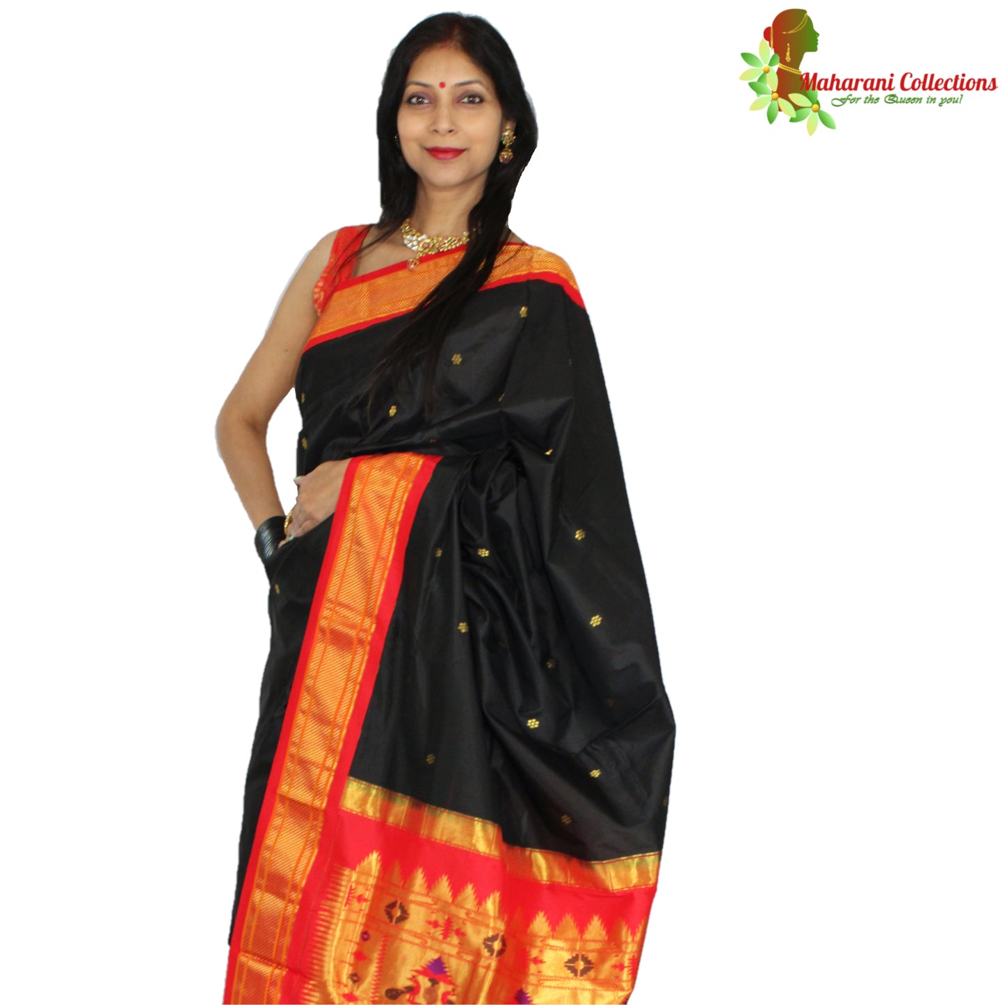 Maharani's Pure Handloom Kanjivaram Silk Saree - Black with Golden Zari and Boota Work