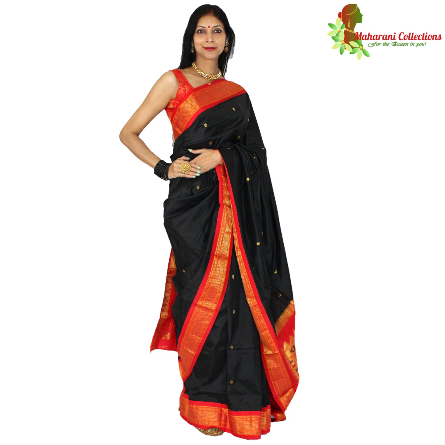 Maharani's Pure Handloom Kanjivaram Silk Saree - Black with Golden Zari and Boota Work