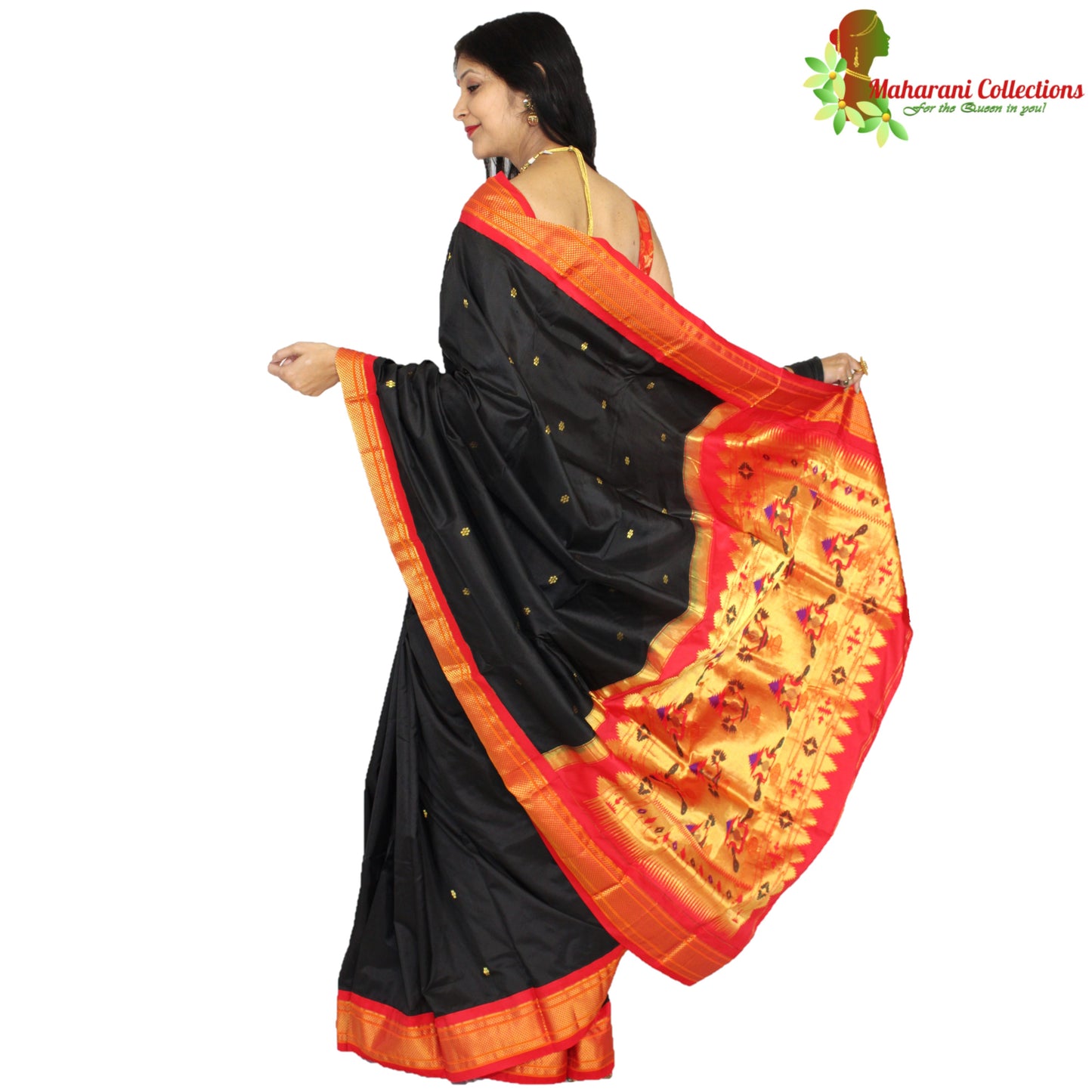 Maharani's Pure Handloom Kanjivaram Silk Saree - Black with Golden Zari and Boota Work