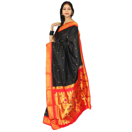 Maharani's Pure Handloom Kanjivaram Silk Saree - Black with Golden Zari and Boota Work