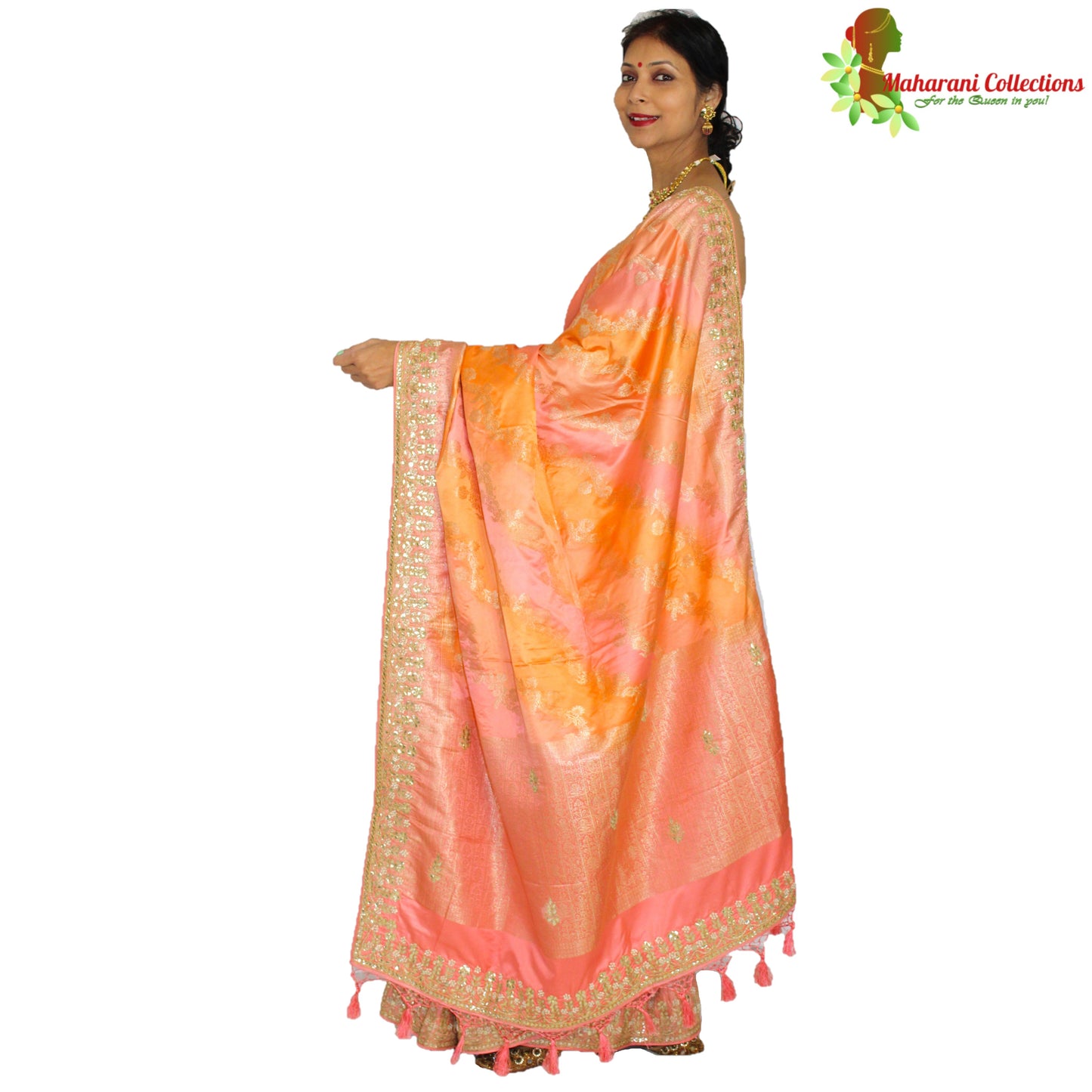 Maharani's Pure Banarasi Silk Rangkat Saree - Shades of Peach/Pink/Orange (with Stitched Petticoat)
