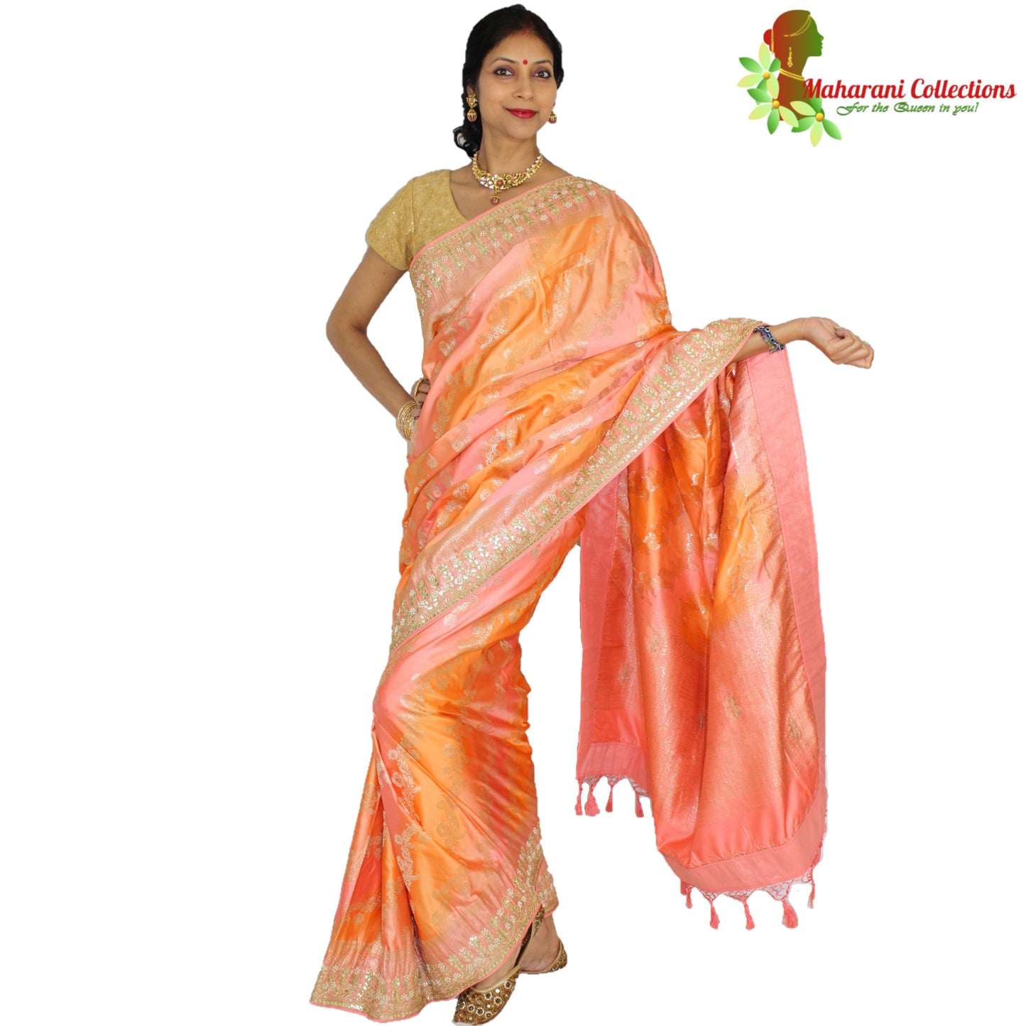 Maharani's Pure Banarasi Silk Rangkat Saree - Shades of Peach/Pink/Orange (with Stitched Petticoat)