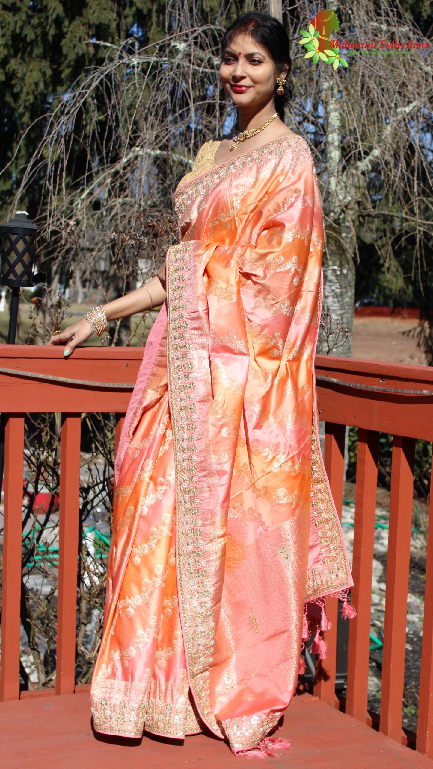 Maharani's Pure Banarasi Silk Rangkat Saree - Shades of Peach/Pink/Orange (with Stitched Petticoat)
