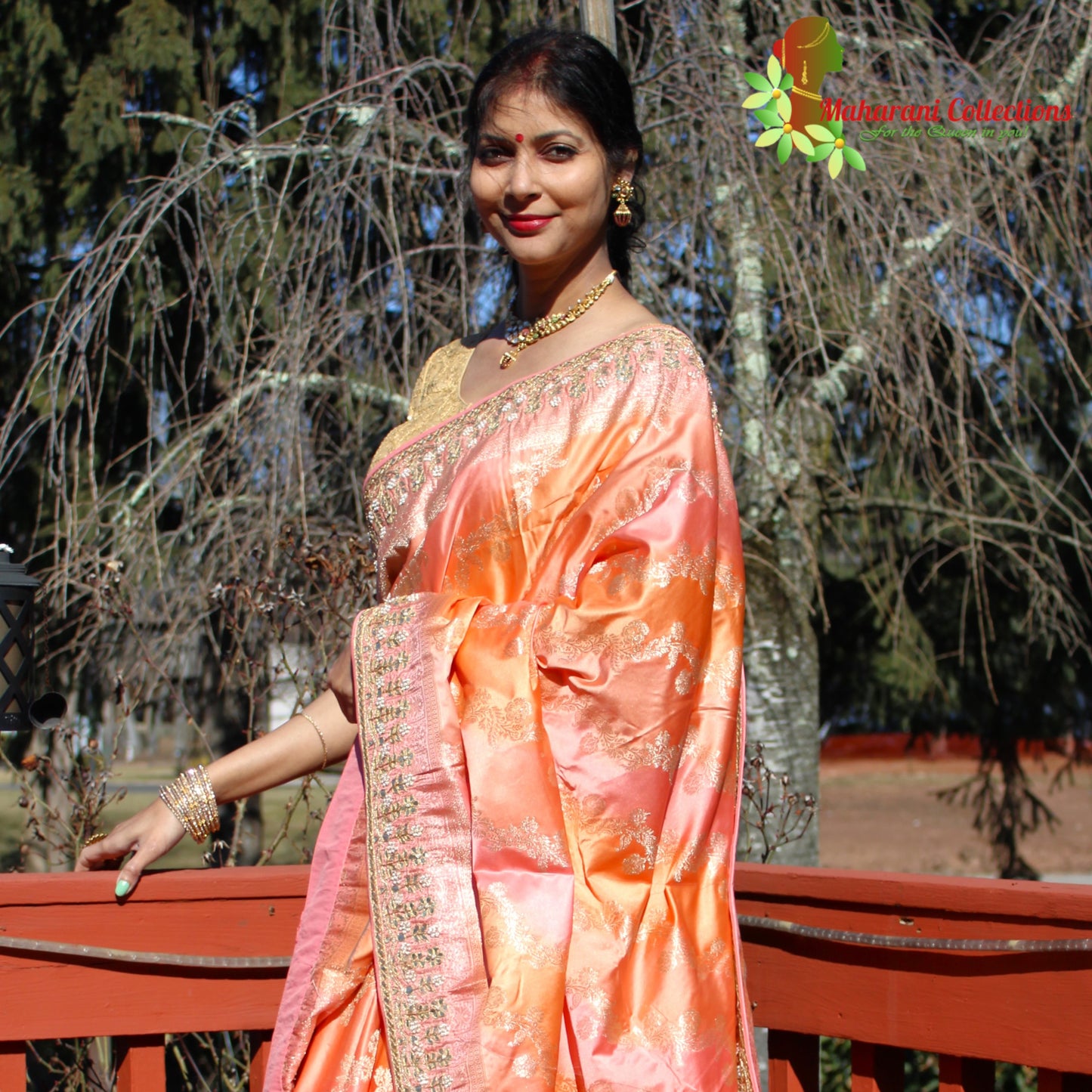 Maharani's Pure Banarasi Silk Rangkat Saree - Shades of Peach/Pink/Orange (with Stitched Petticoat)
