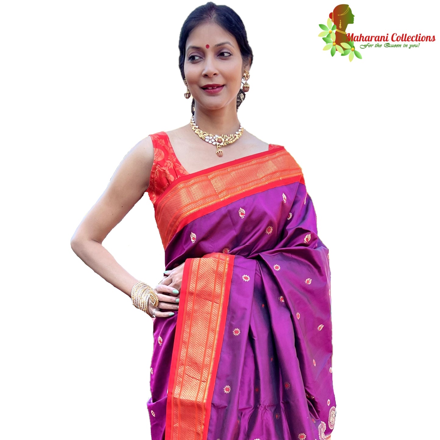 Maharani's Pure Banarasi Silk Paithani Saree - Purple and Orange (with Stitched Petticoat)