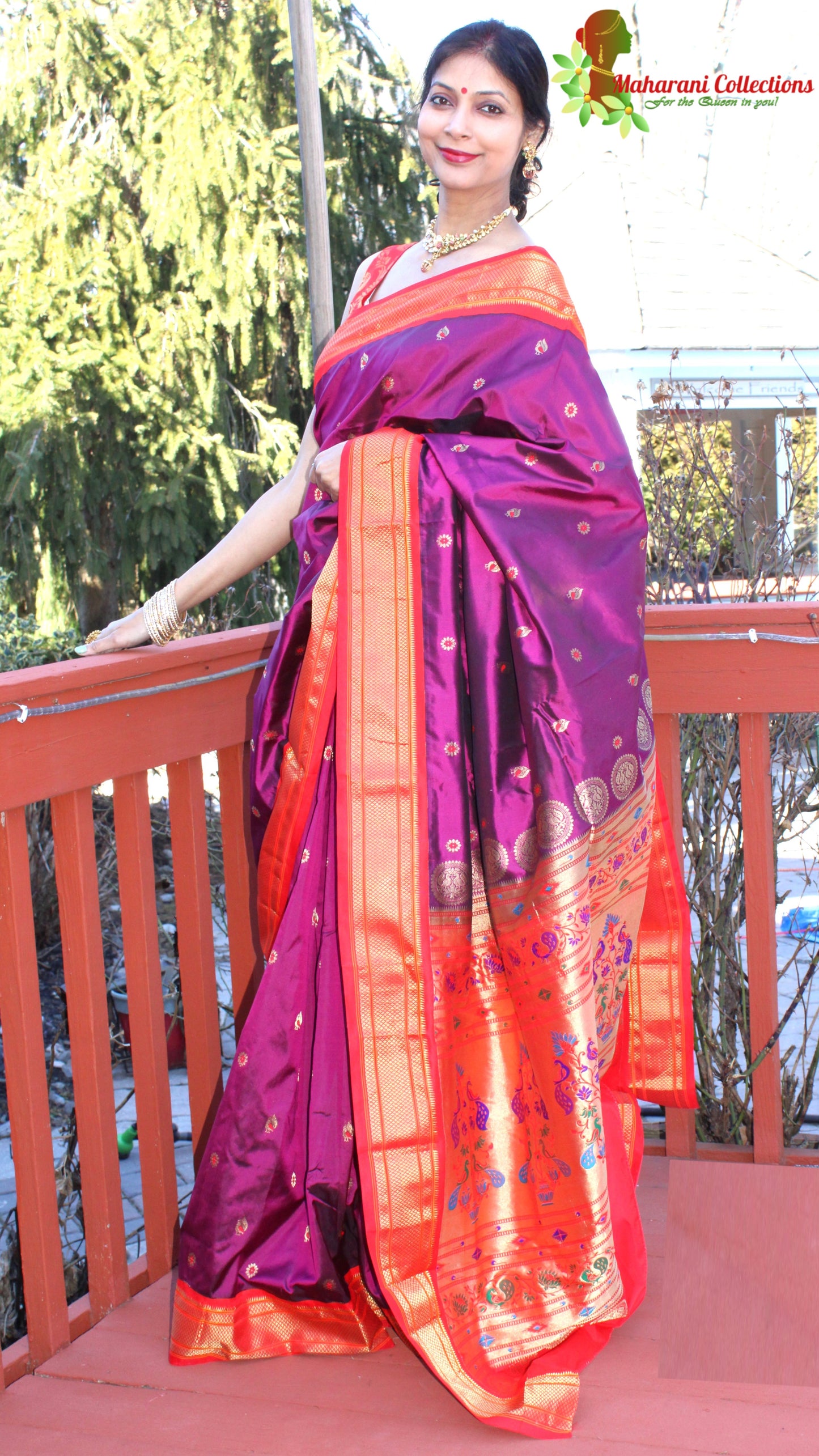 Maharani's Pure Banarasi Silk Paithani Saree - Purple and Orange (with Stitched Petticoat)