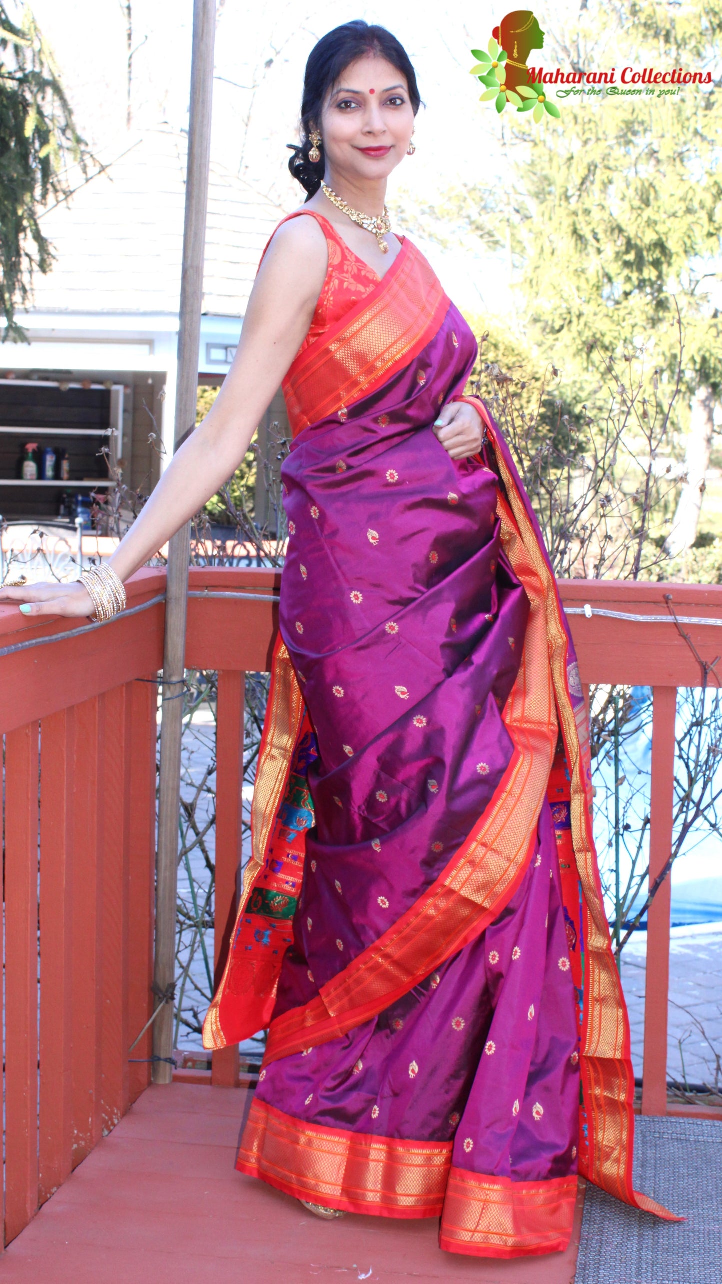 Maharani's Pure Banarasi Silk Paithani Saree - Purple and Orange (with Stitched Petticoat)