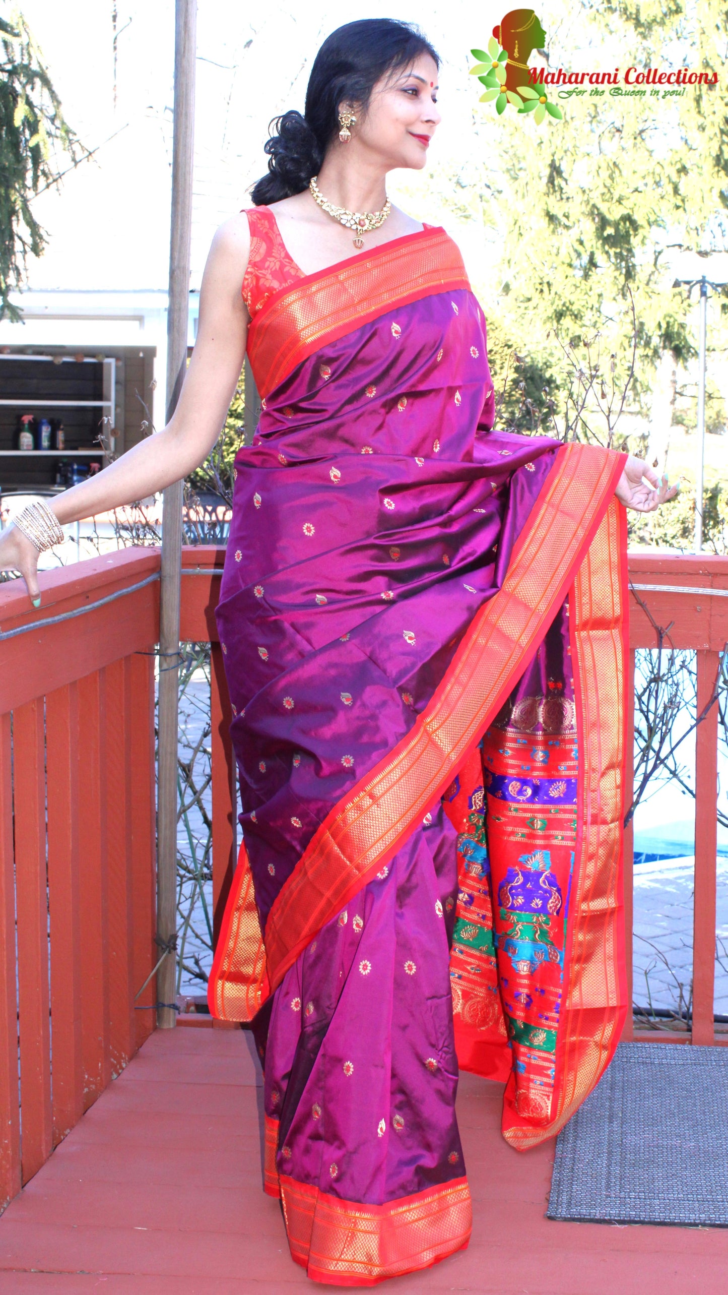Maharani's Pure Banarasi Silk Paithani Saree - Purple and Orange (with Stitched Petticoat)