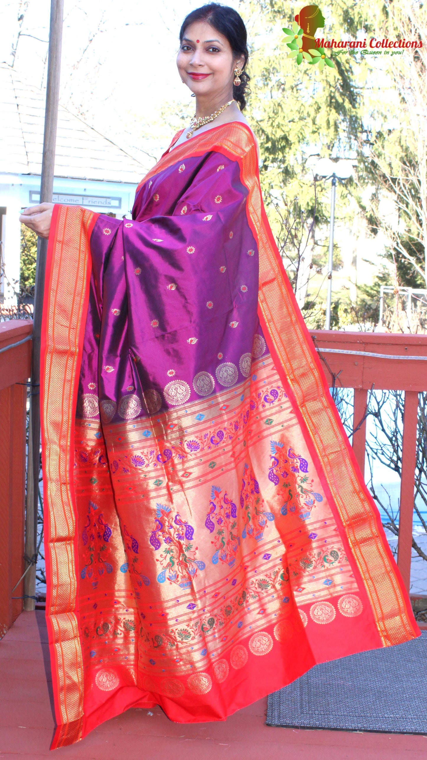Maharani's Pure Banarasi Silk Paithani Saree - Purple and Orange (with Stitched Petticoat)
