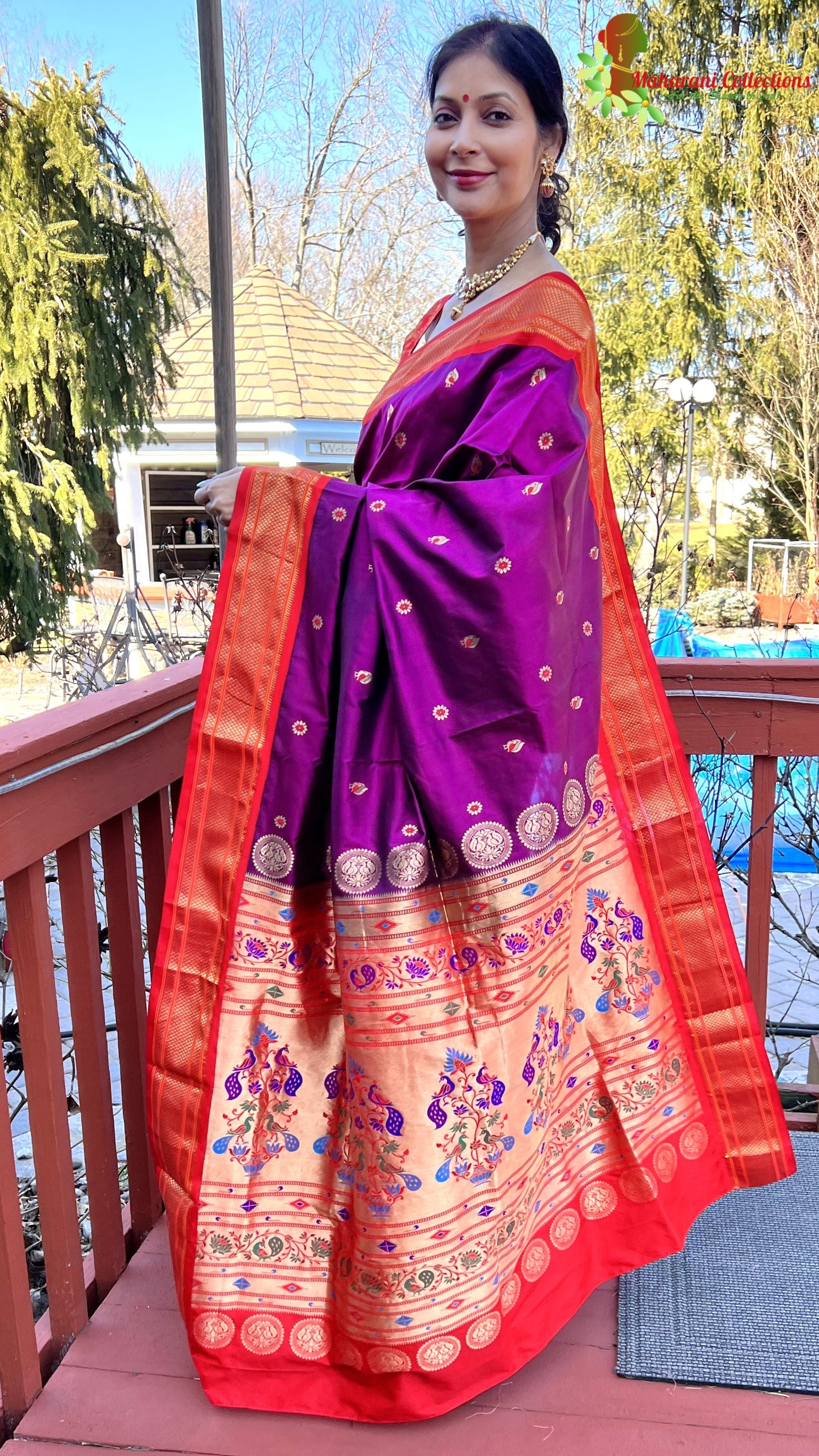 Maharani's Pure Banarasi Silk Paithani Saree - Purple and Orange (with Stitched Petticoat)