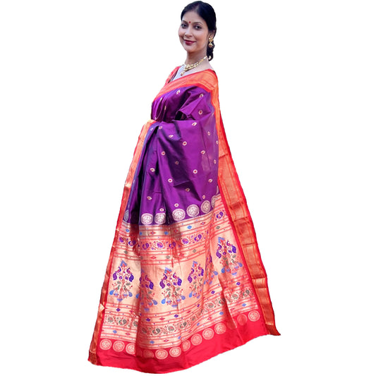Maharani's Pure Banarasi Silk Paithani Saree - Purple and Orange (with Stitched Petticoat)