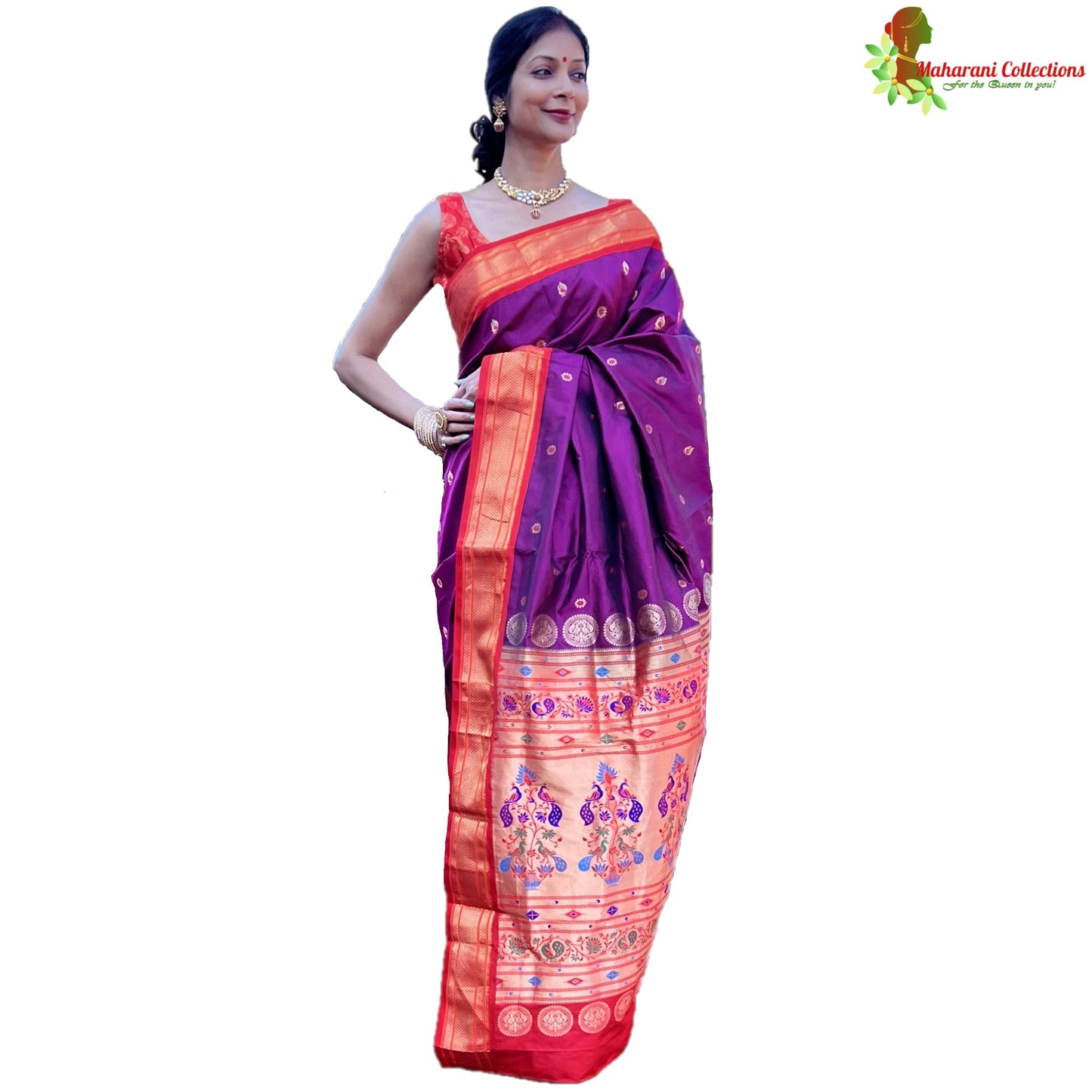 Maharani's Pure Banarasi Silk Paithani Saree - Purple and Orange (with Stitched Petticoat)