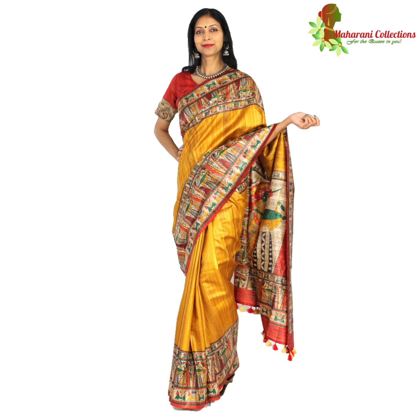 Maharani's Pure Tussar Silk Saree (Silk Mark) - Mustard Yellow with Madhubani Hand Painting